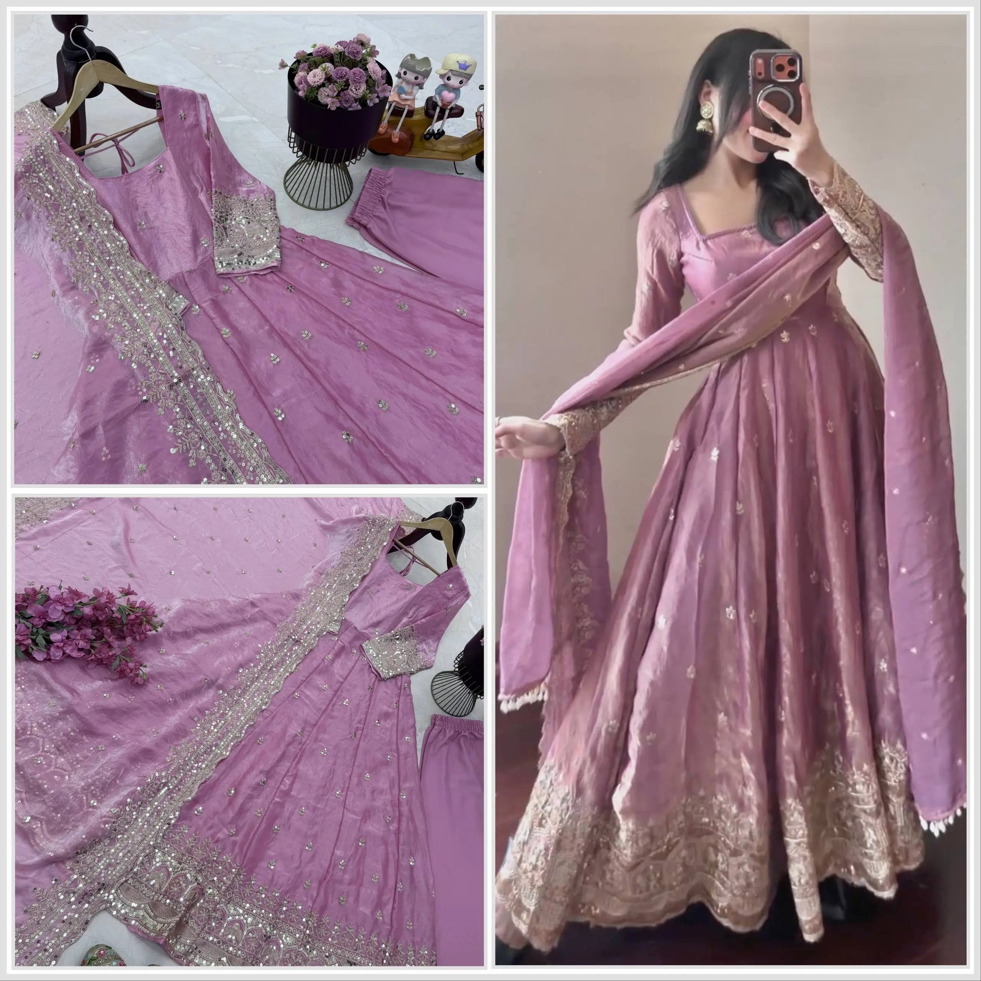 Sequin Booti Ready To Wear Silk Anarkali Gown Set