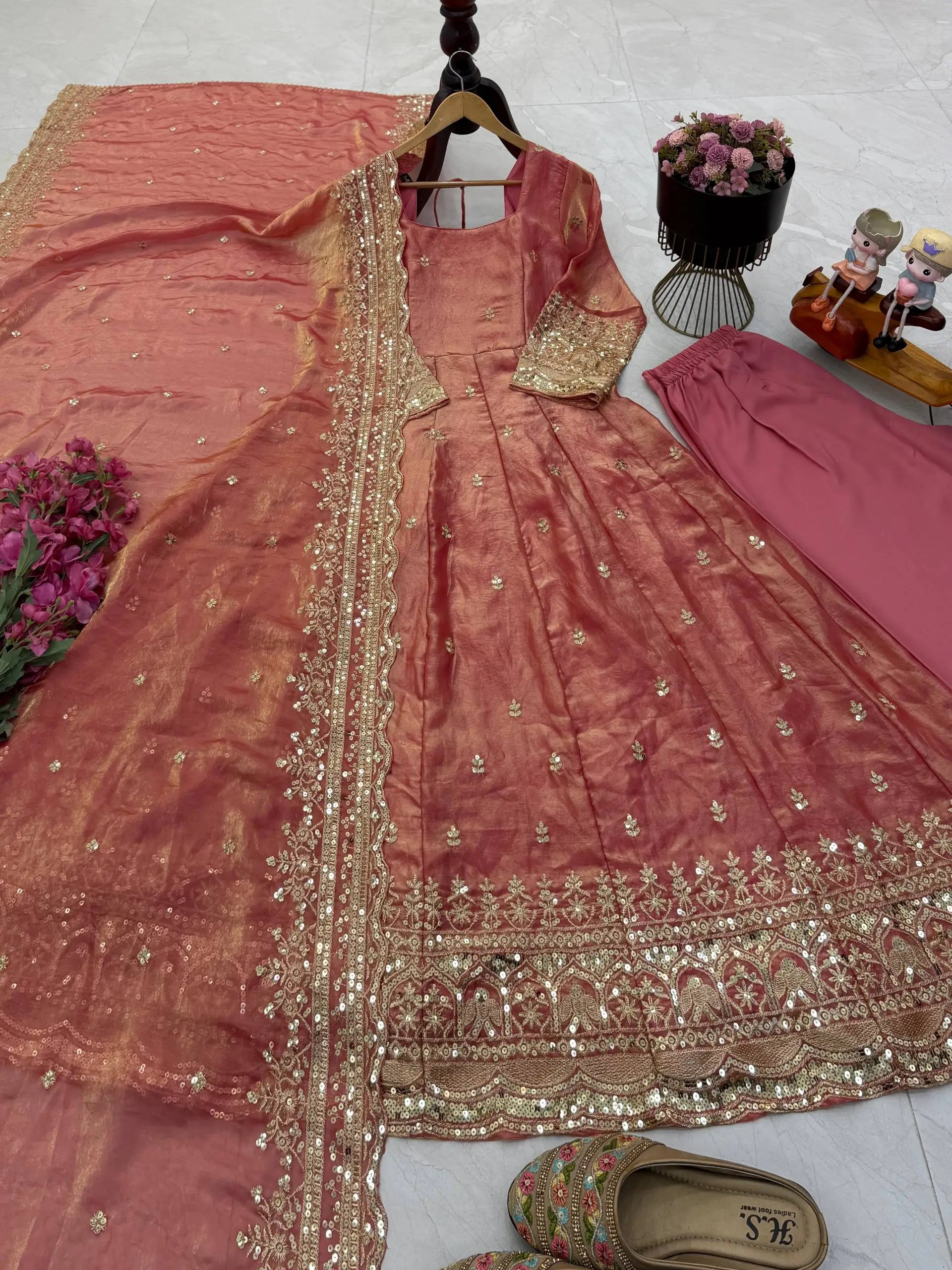 Sequin Booti Ready To Wear Silk Anarkali Gown Set