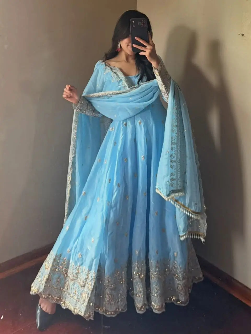 Sequin Booti Ready To Wear Silk Anarkali Gown Set
