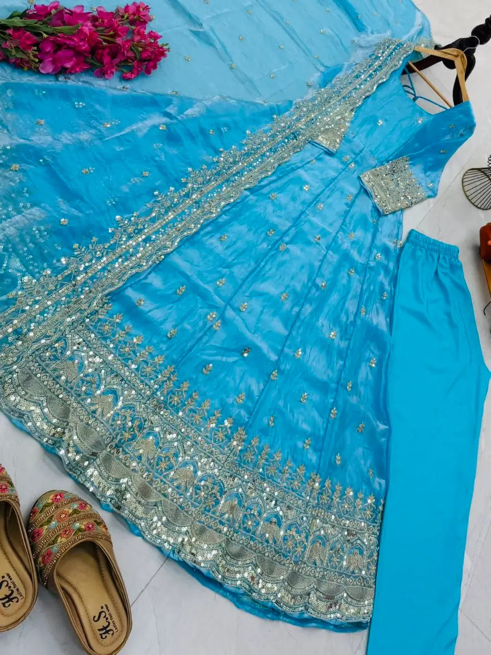 Sequin Booti Ready To Wear Silk Anarkali Gown Set