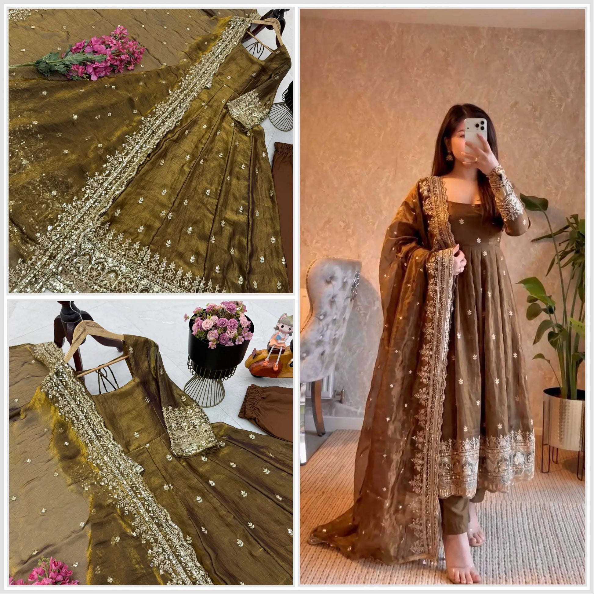 Sequin Booti Ready To Wear Silk Anarkali Gown Set