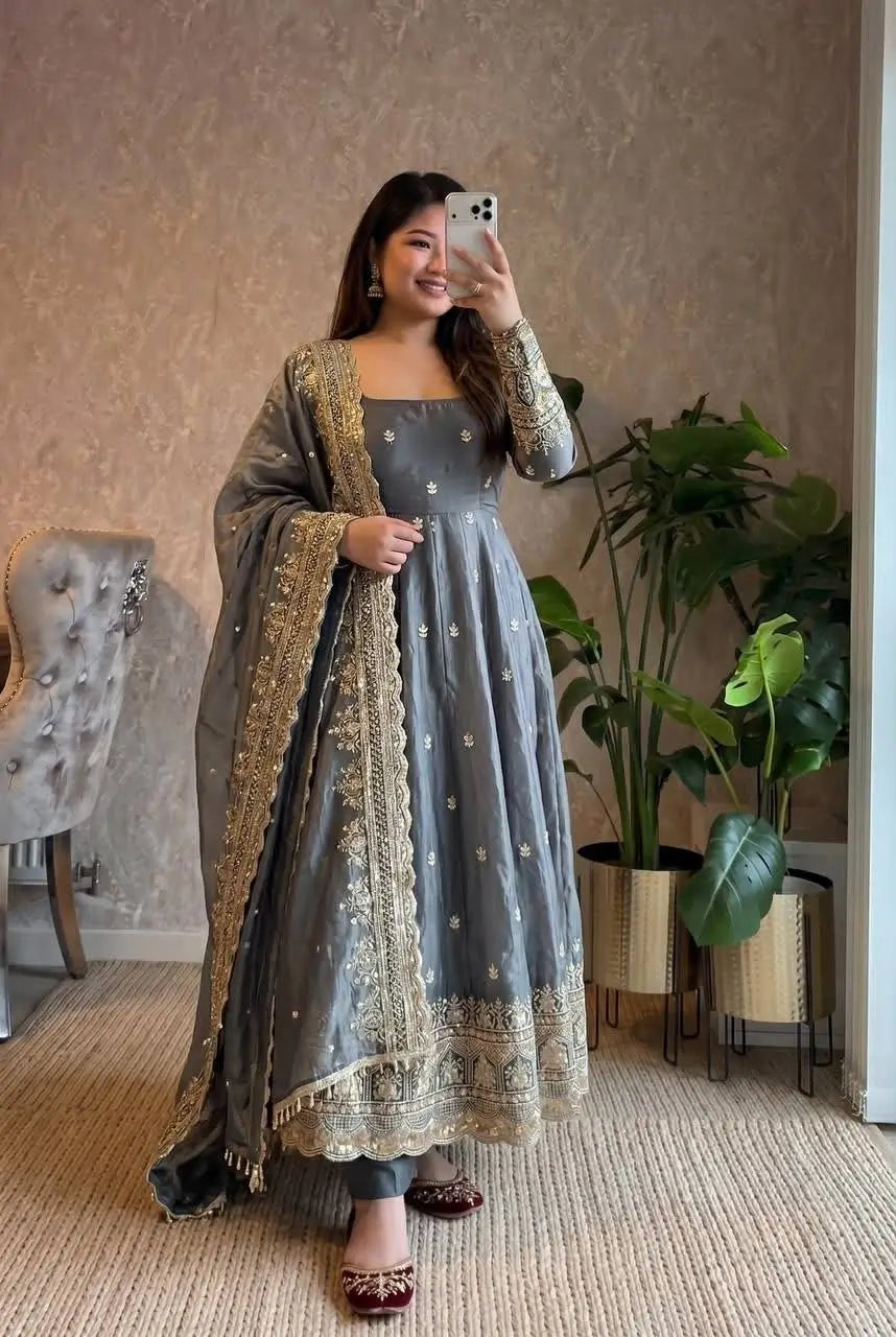 Sequin Booti Ready To Wear Silk Anarkali Gown Set