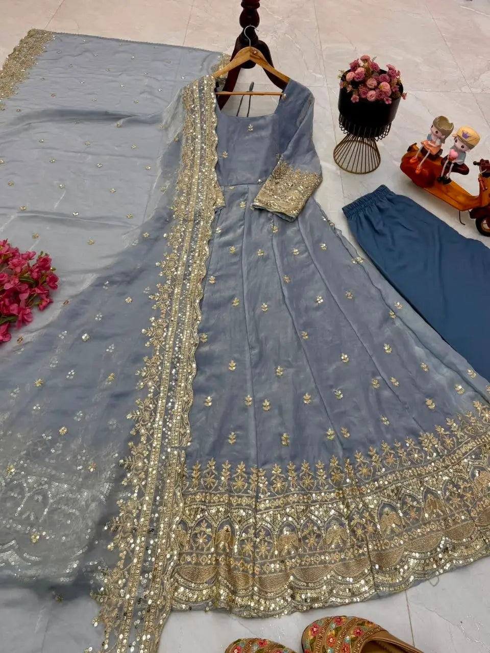 Sequin Booti Ready To Wear Silk Anarkali Gown Set