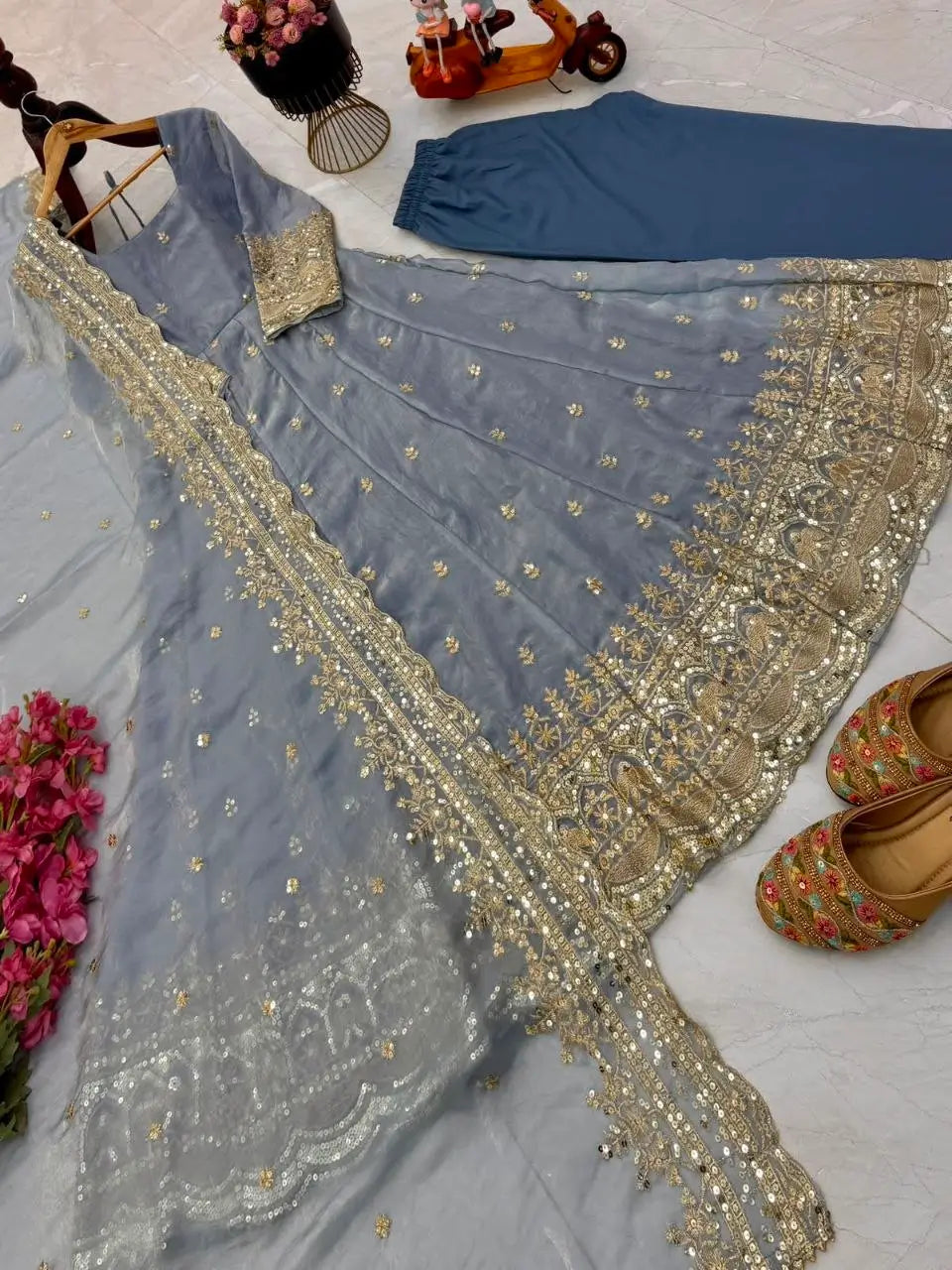 Sequin Booti Ready To Wear Silk Anarkali Gown Set