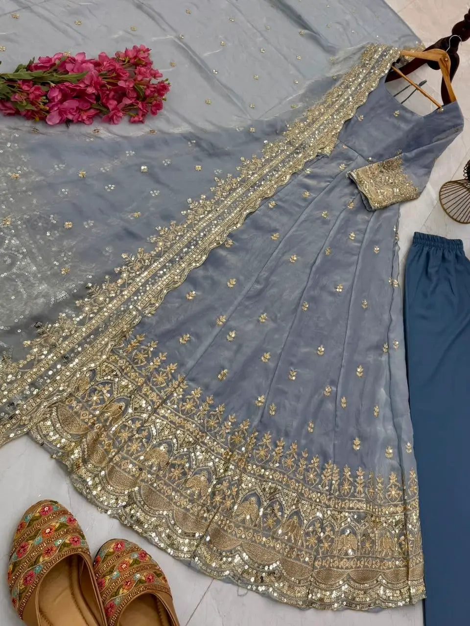 Sequin Booti Ready To Wear Silk Anarkali Gown Set