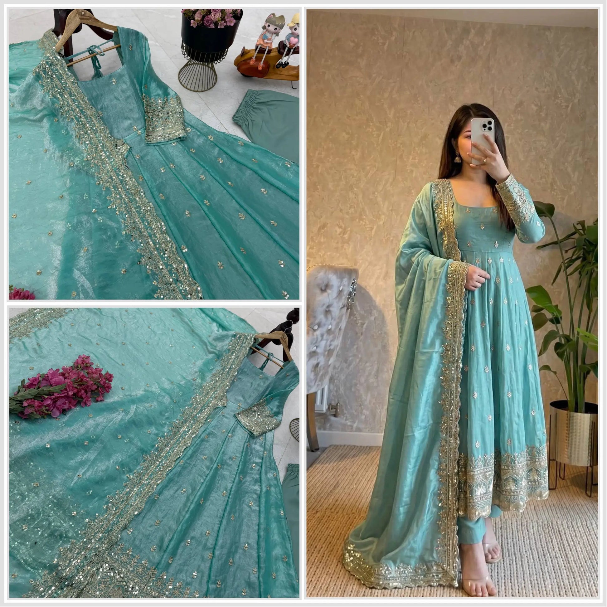 Sequin Booti Ready To Wear Silk Anarkali Gown Set