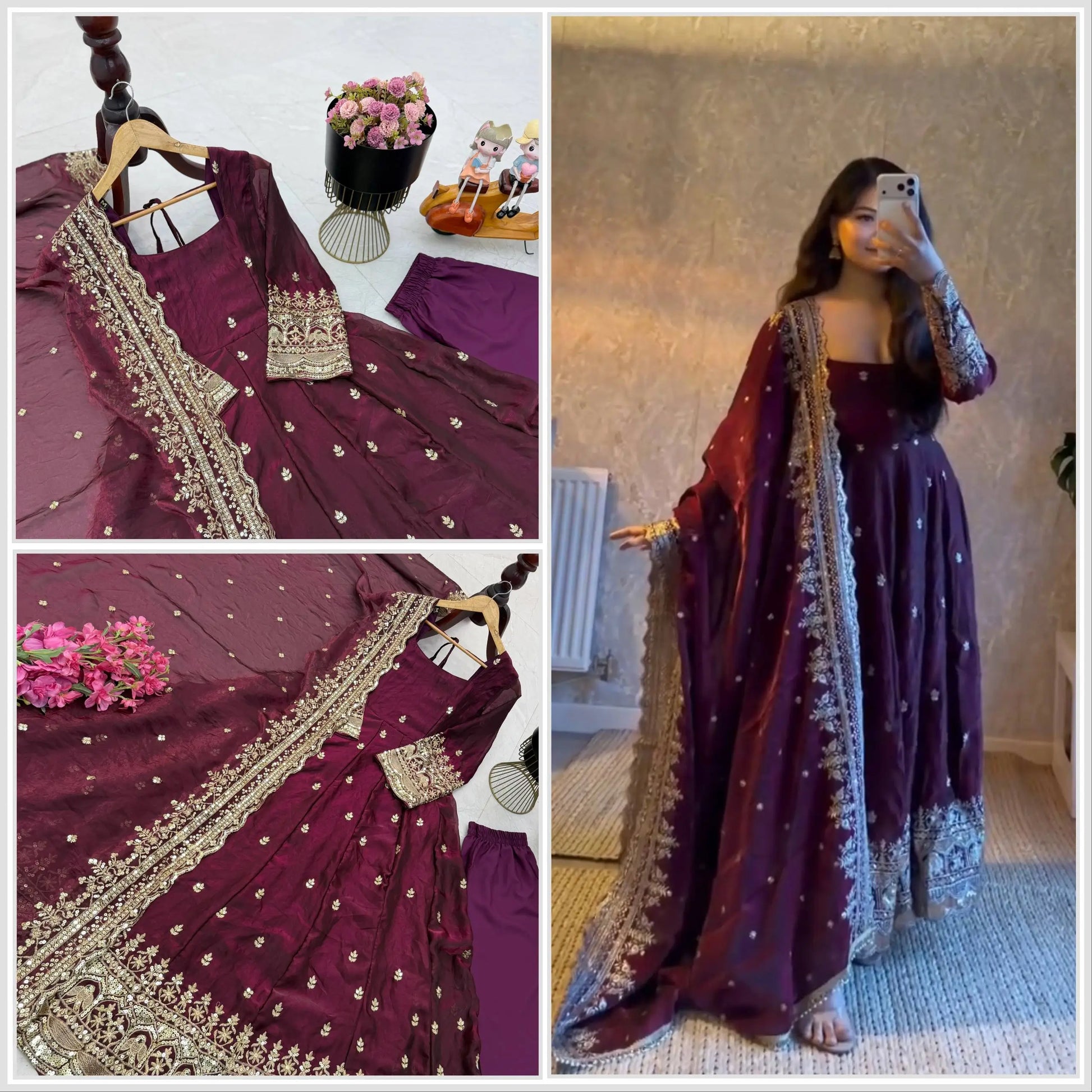 Sequin Booti Ready To Wear Silk Anarkali Gown Set