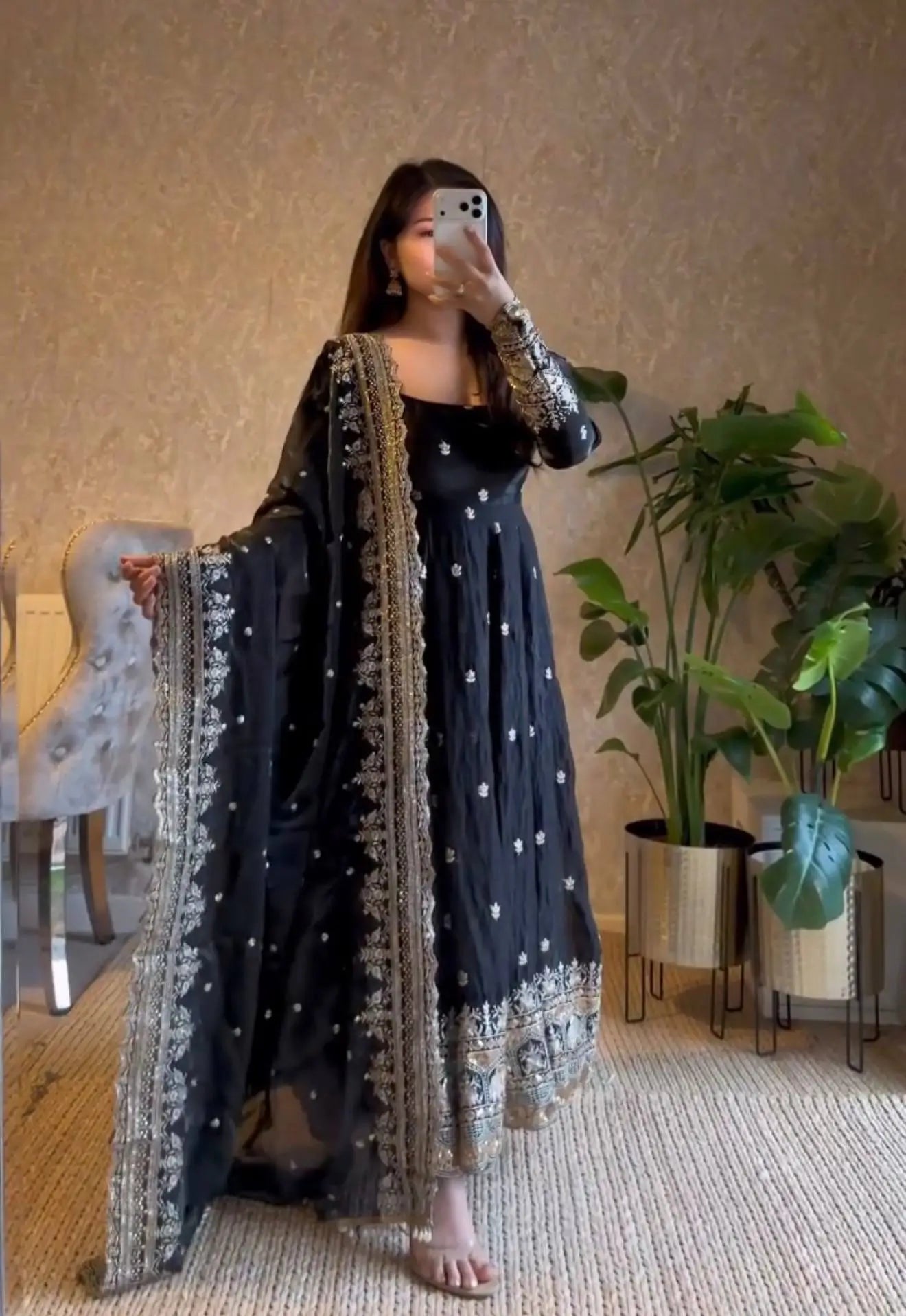 Sequin Booti Ready To Wear Silk Anarkali Gown Set