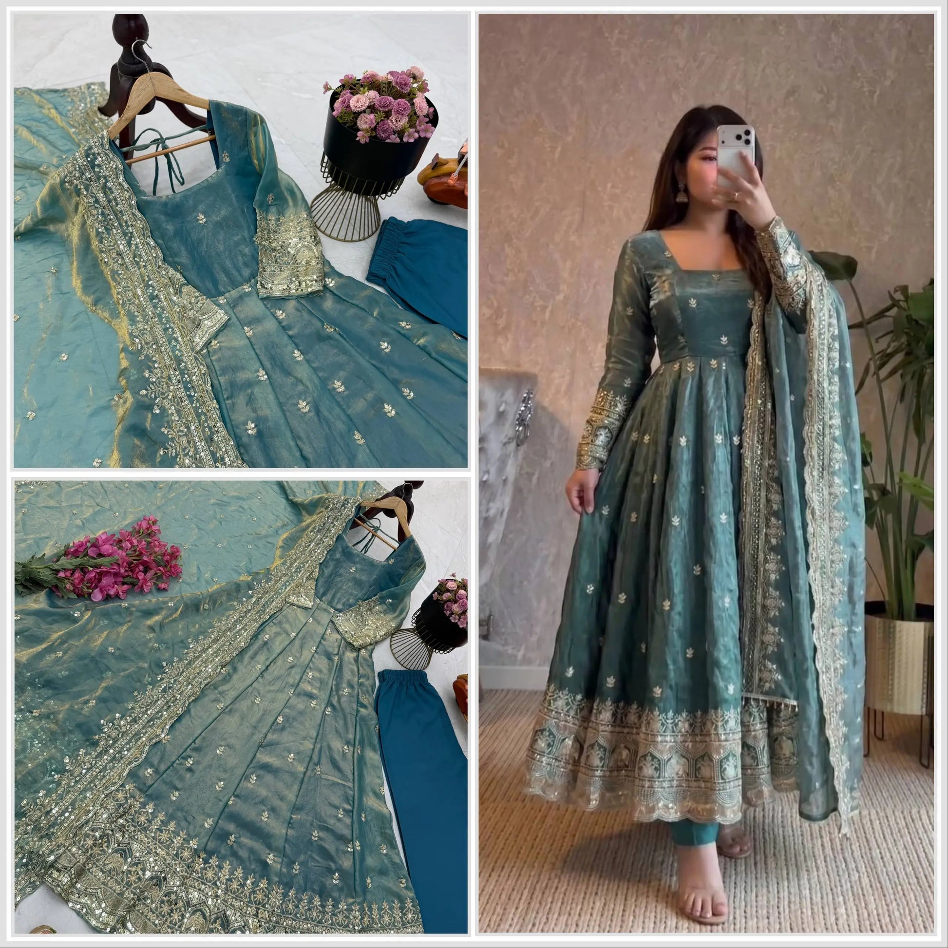 Sequin Booti Ready To Wear Silk Anarkali Gown Set