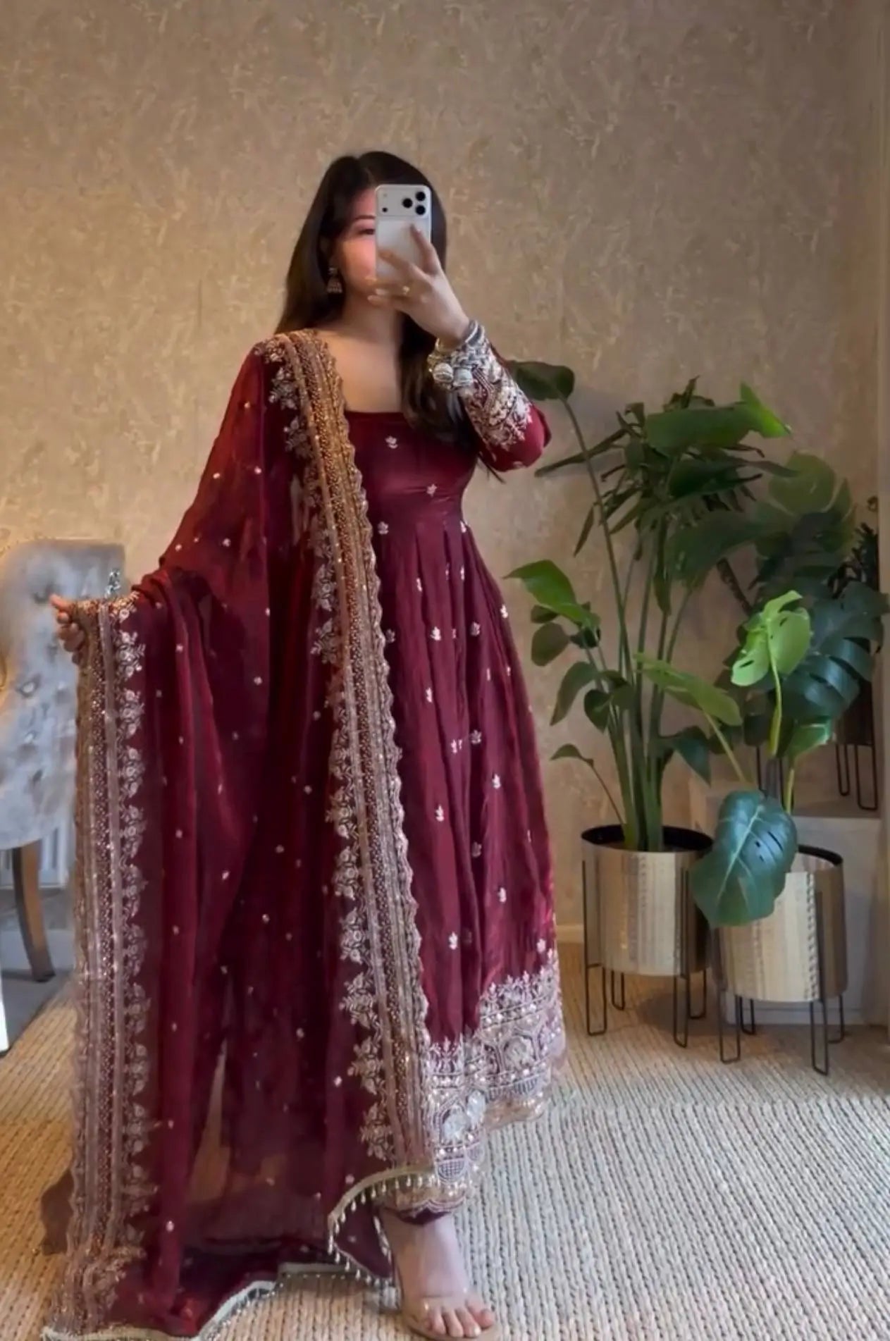 Sequin Booti Ready To Wear Silk Anarkali Gown Set