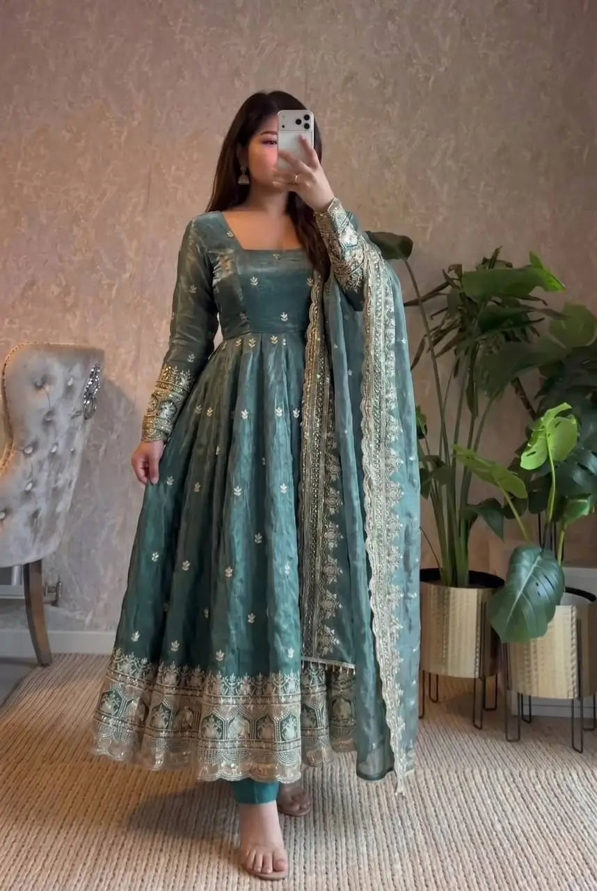 Sequin Booti Ready To Wear Silk Anarkali Gown Set
