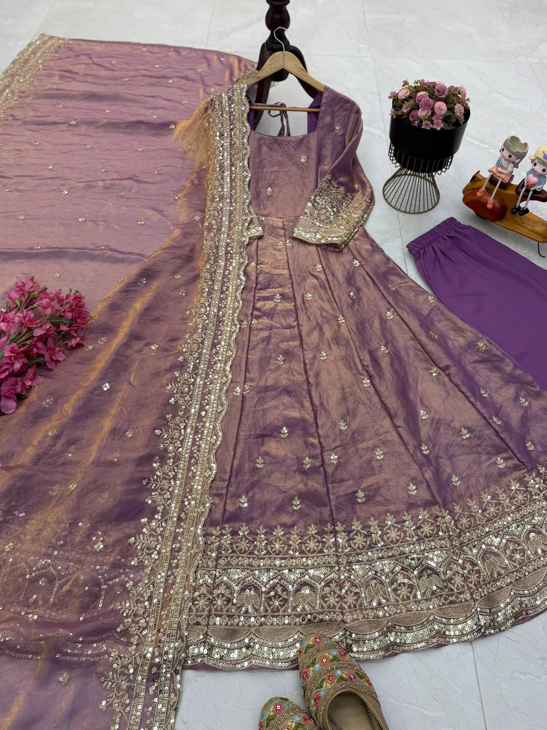 Sequin Booti Ready To Wear Silk Anarkali Gown Set