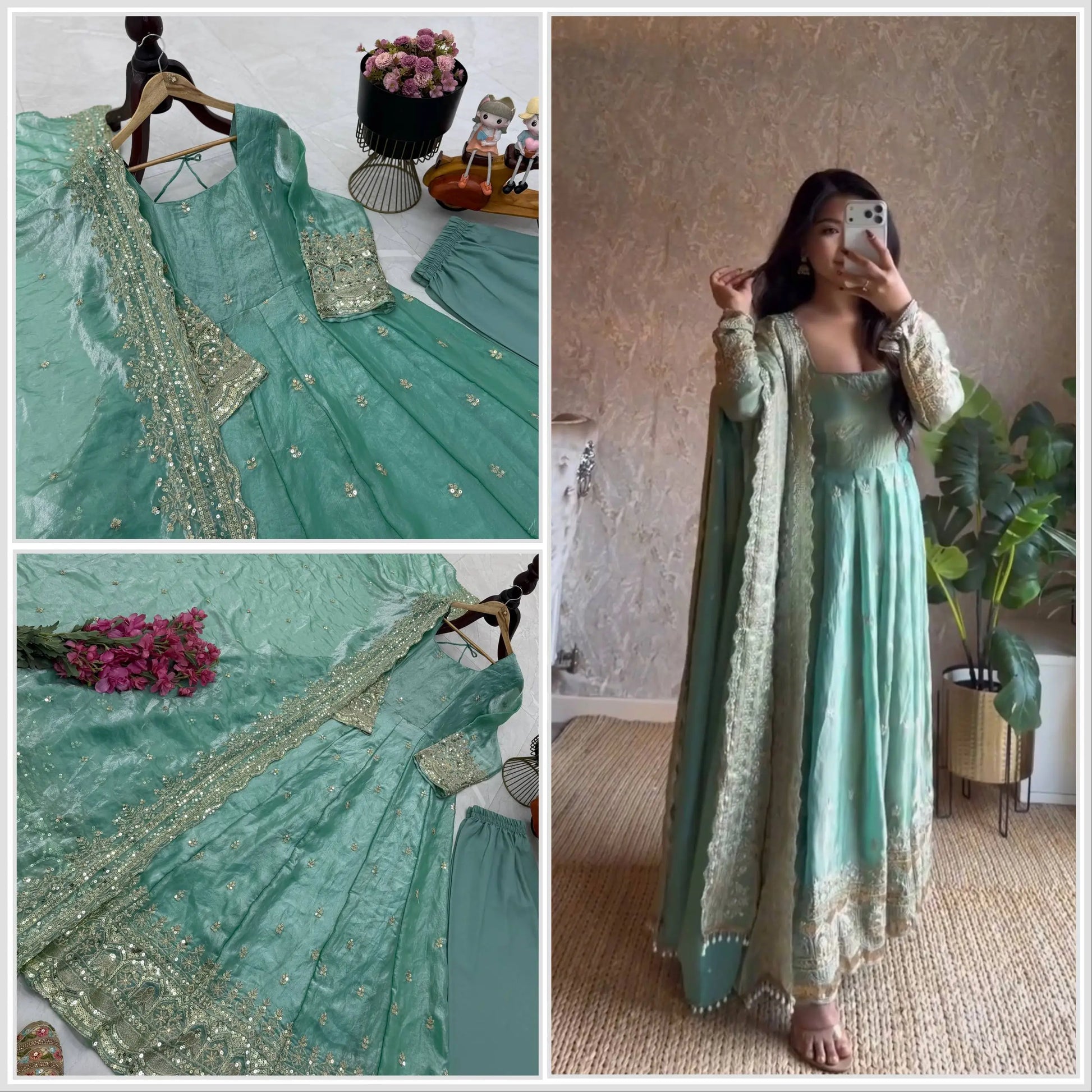 Sequin Booti Ready To Wear Silk Anarkali Gown Set