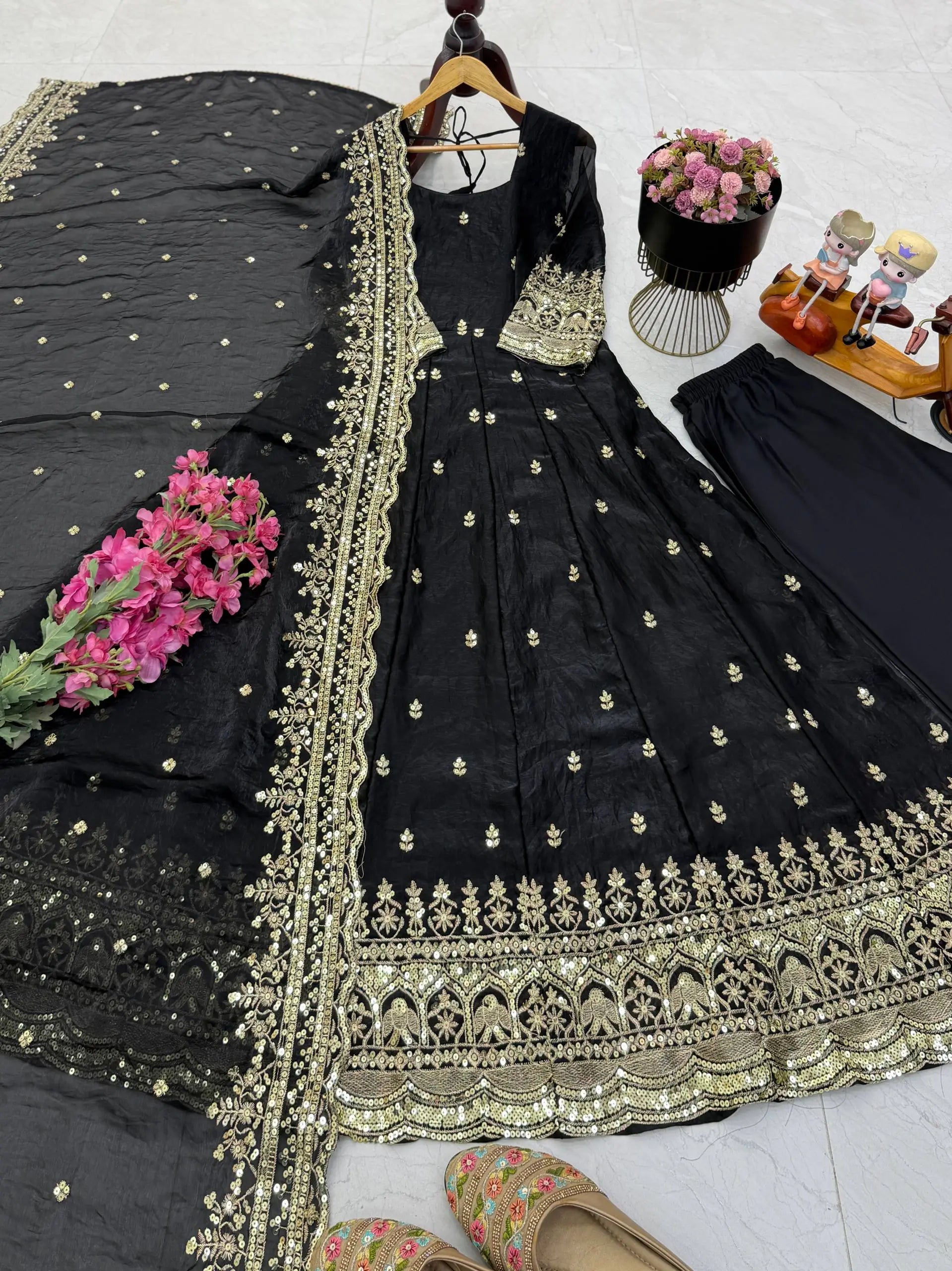 Sequin Booti Ready To Wear Silk Anarkali Gown Set