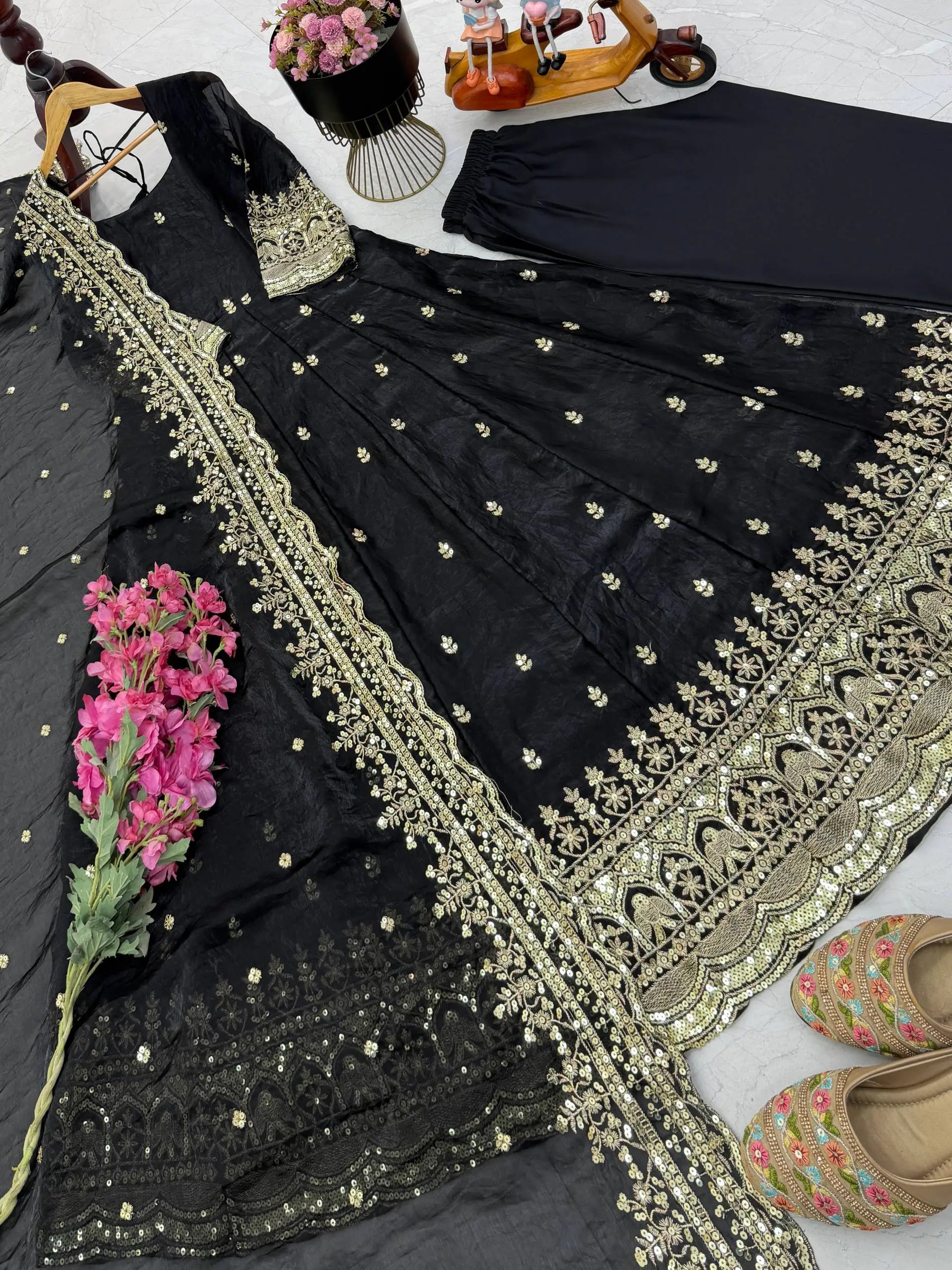 Sequin Booti Ready To Wear Silk Anarkali Gown Set