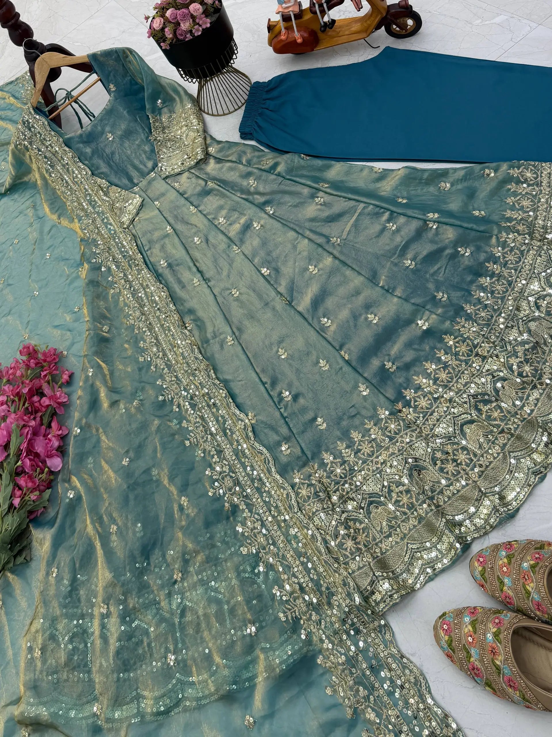 Sequin Booti Ready To Wear Silk Anarkali Gown Set