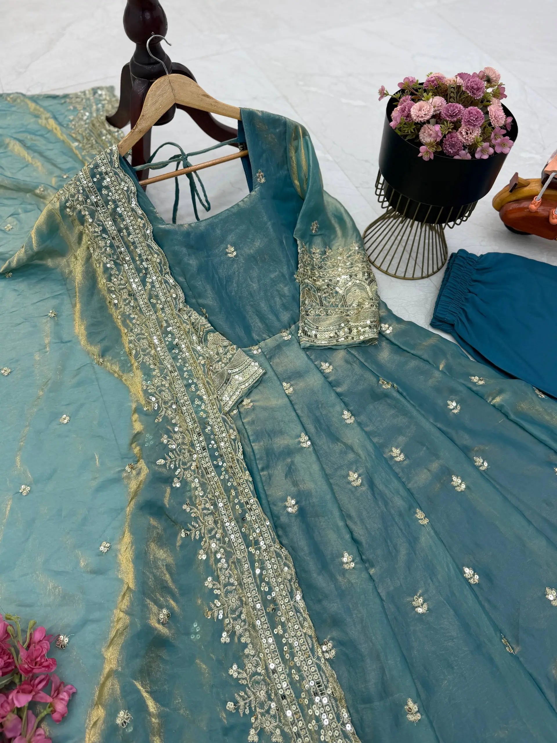 Sequin Booti Ready To Wear Silk Anarkali Gown Set