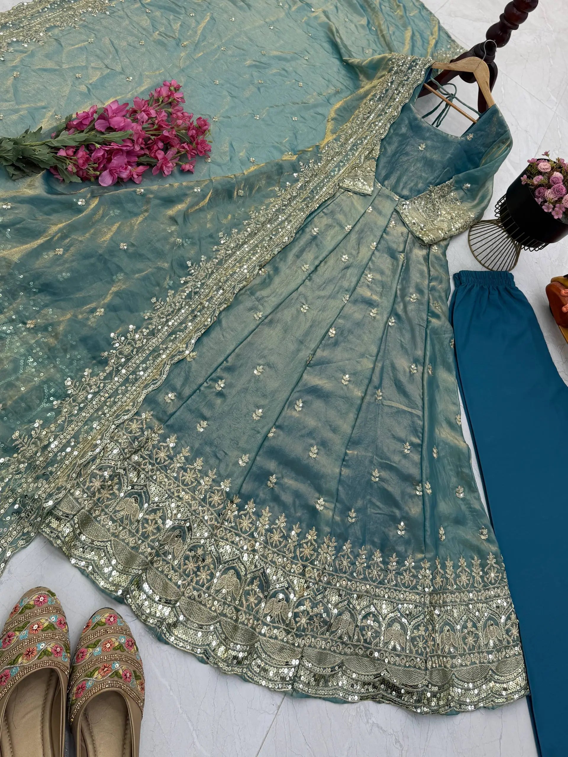 Sequin Booti Ready To Wear Silk Anarkali Gown Set