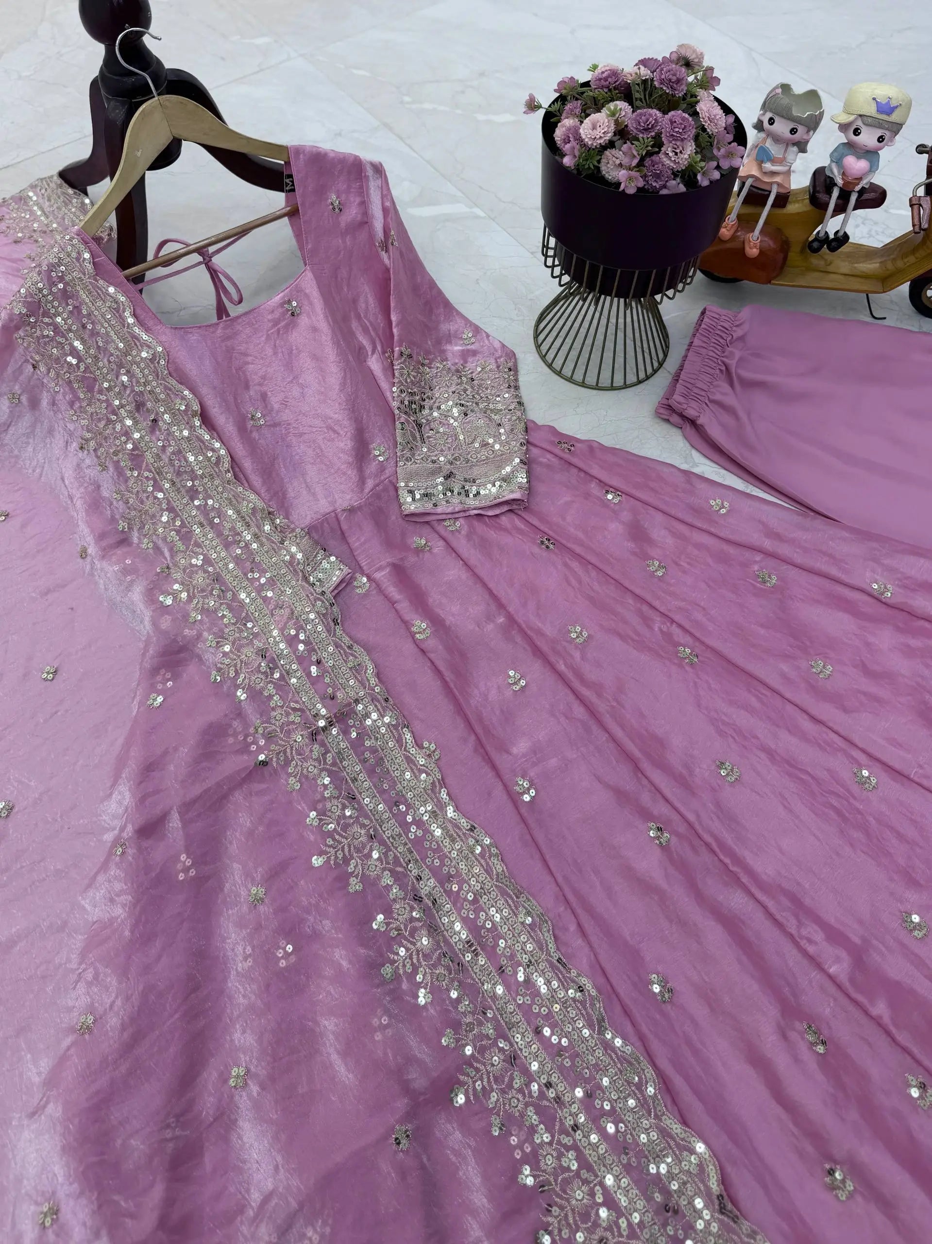 Sequin Booti Ready To Wear Silk Anarkali Gown Set