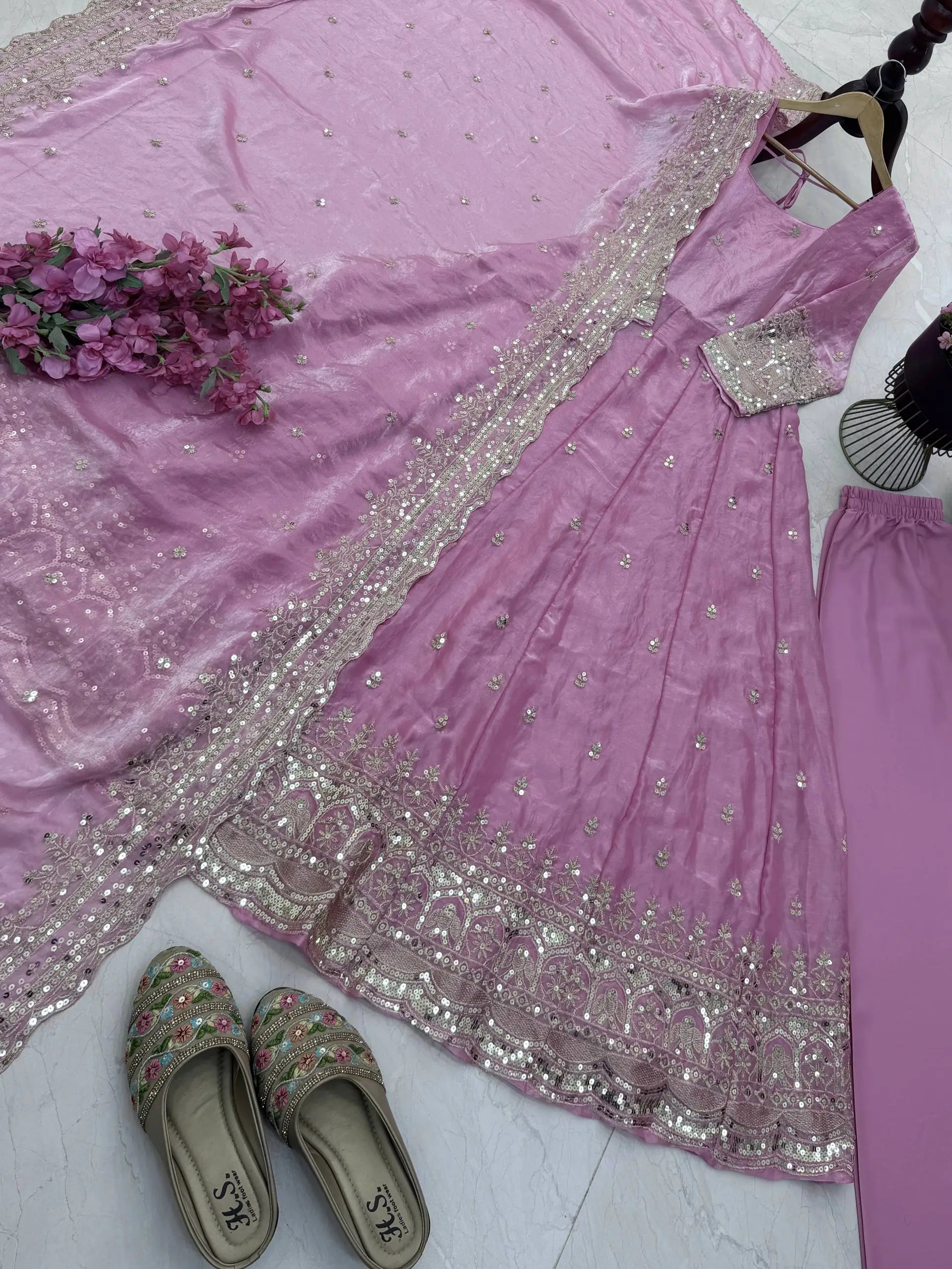 Sequin Booti Ready To Wear Silk Anarkali Gown Set
