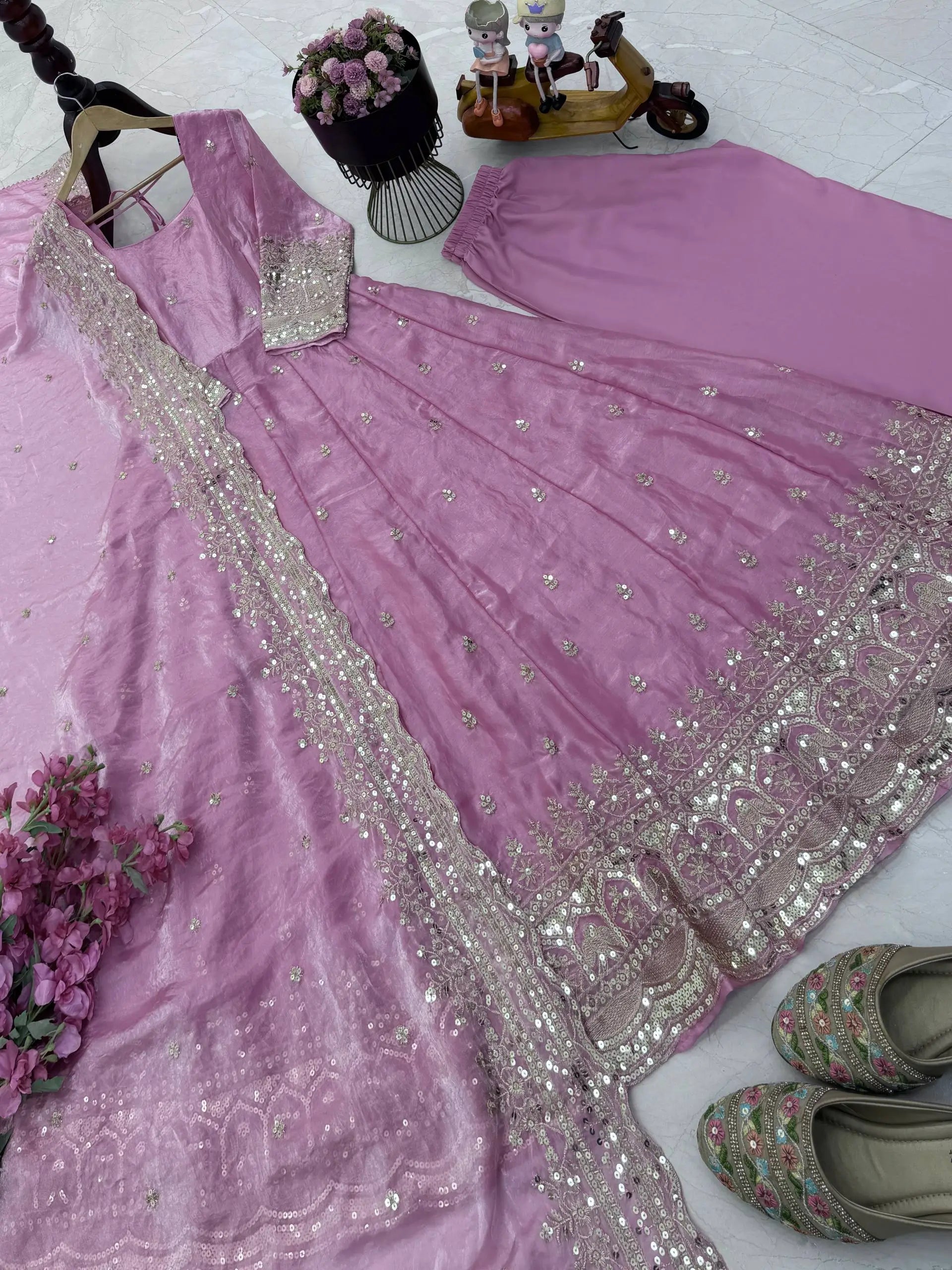 Sequin Booti Ready To Wear Silk Anarkali Gown Set