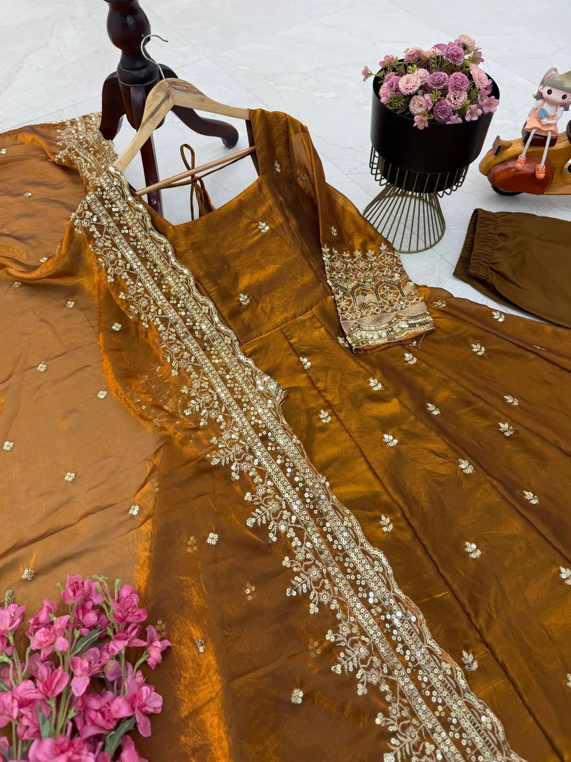 Sequin Booti Ready To Wear Silk Anarkali Gown Set