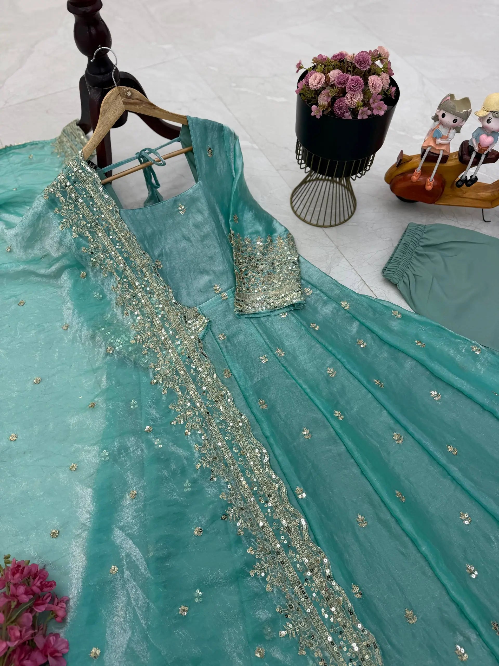 Sequin Booti Ready To Wear Silk Anarkali Gown Set