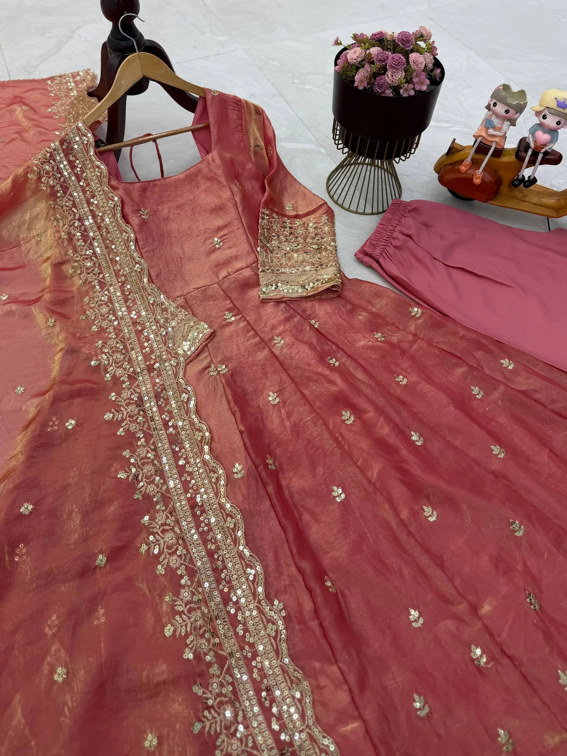 Sequin Booti Ready To Wear Silk Anarkali Gown Set