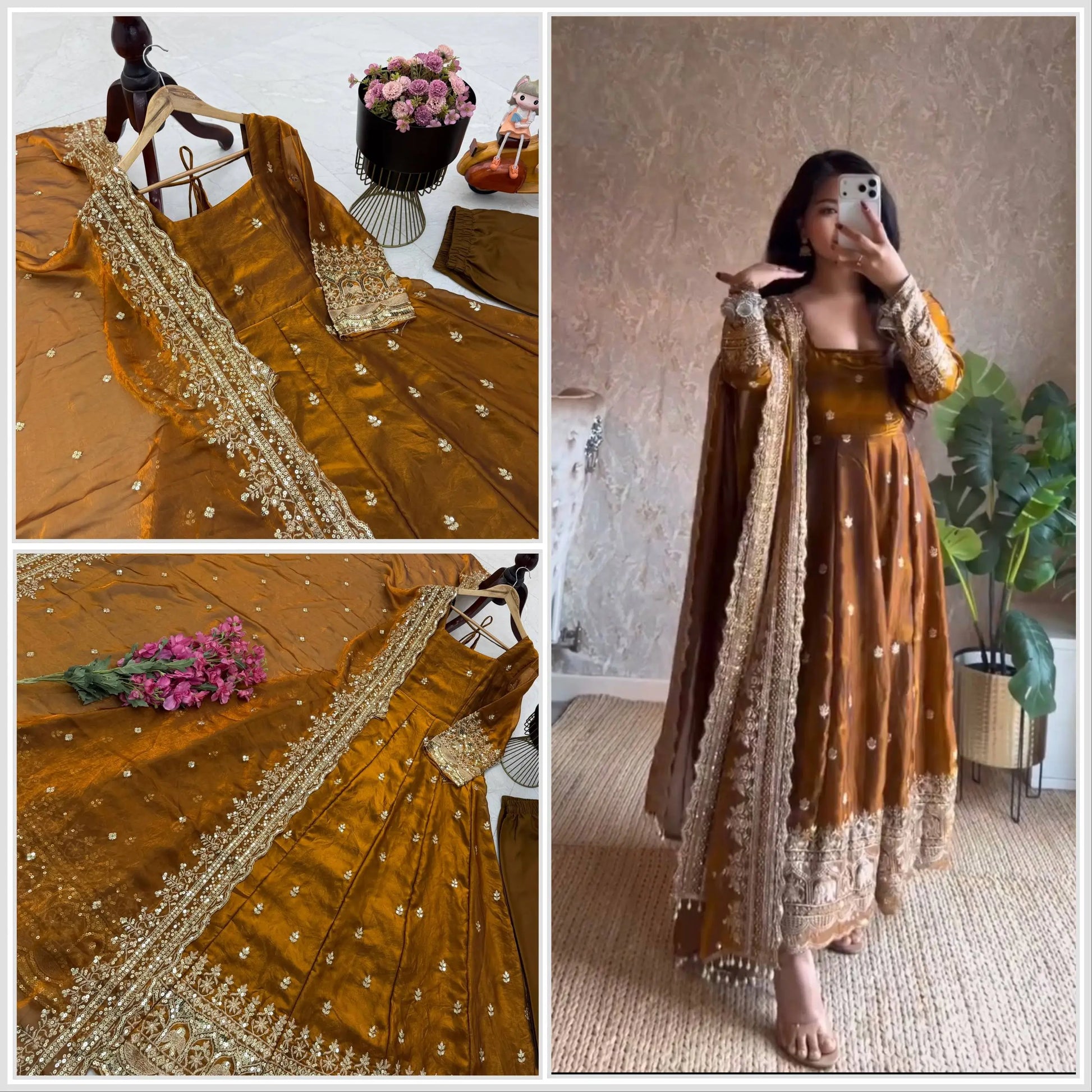 Sequin Booti Ready To Wear Silk Anarkali Gown Set