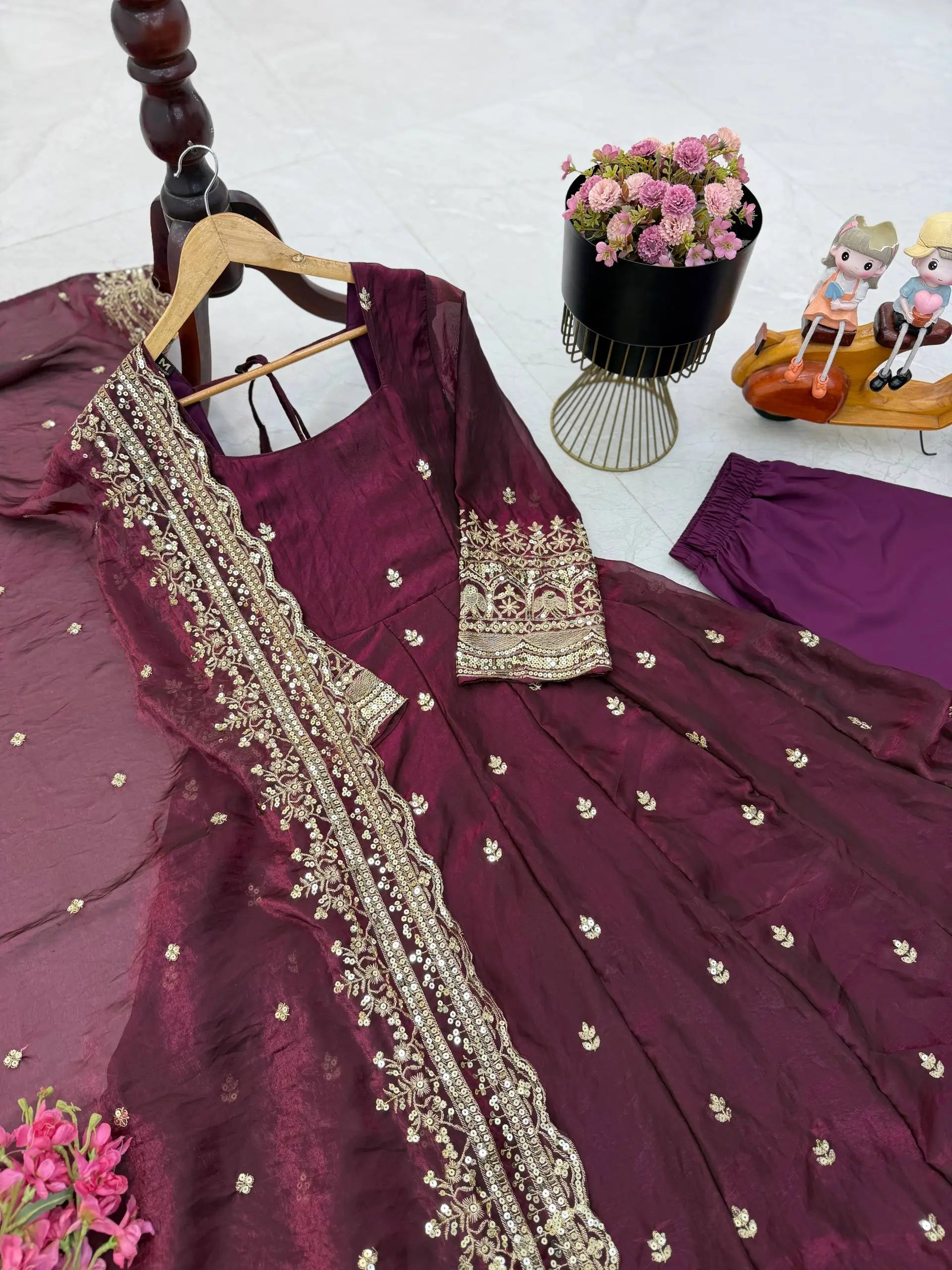 Sequin Booti Ready To Wear Silk Anarkali Gown Set