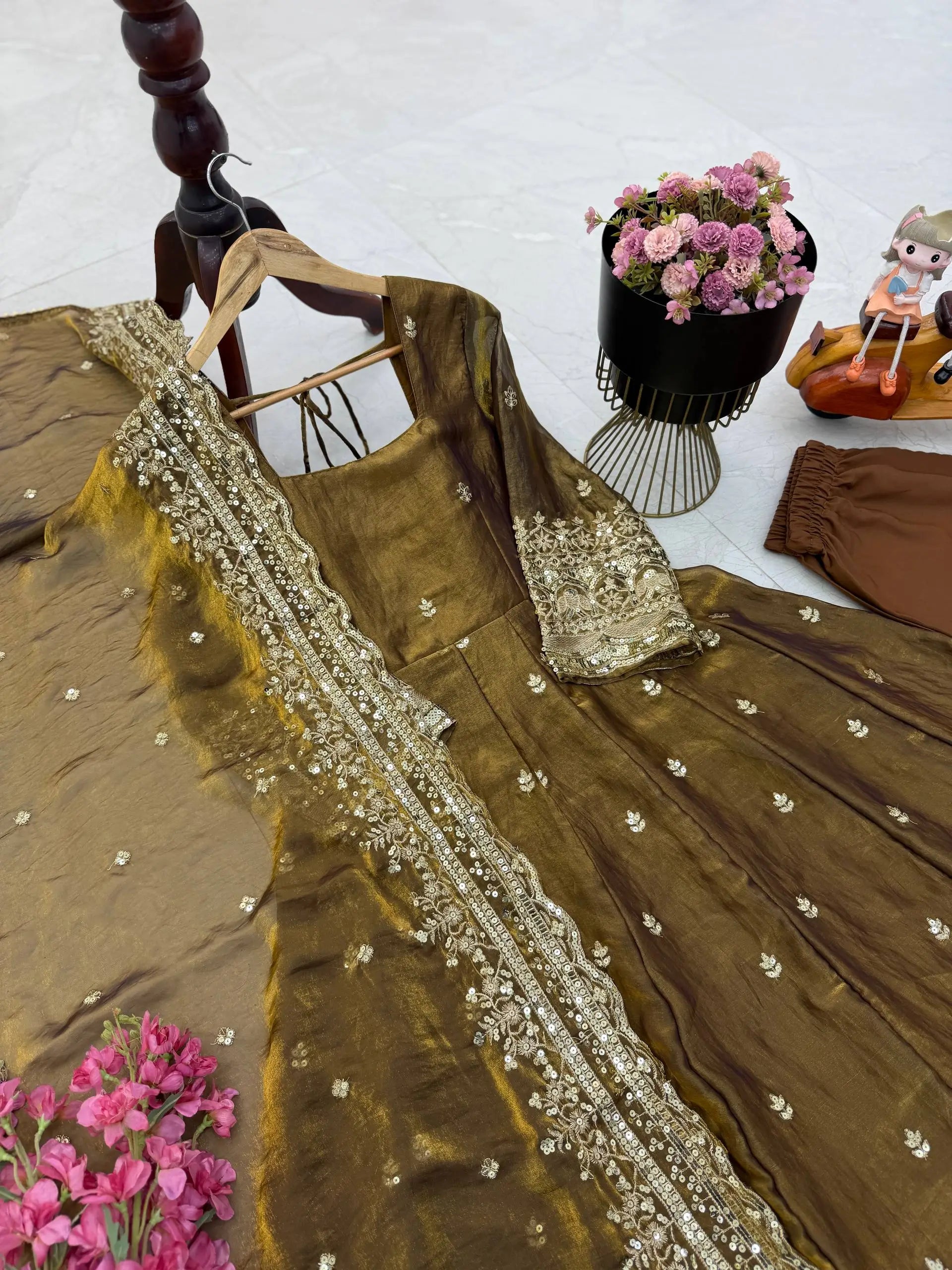 Sequin Booti Ready To Wear Silk Anarkali Gown Set