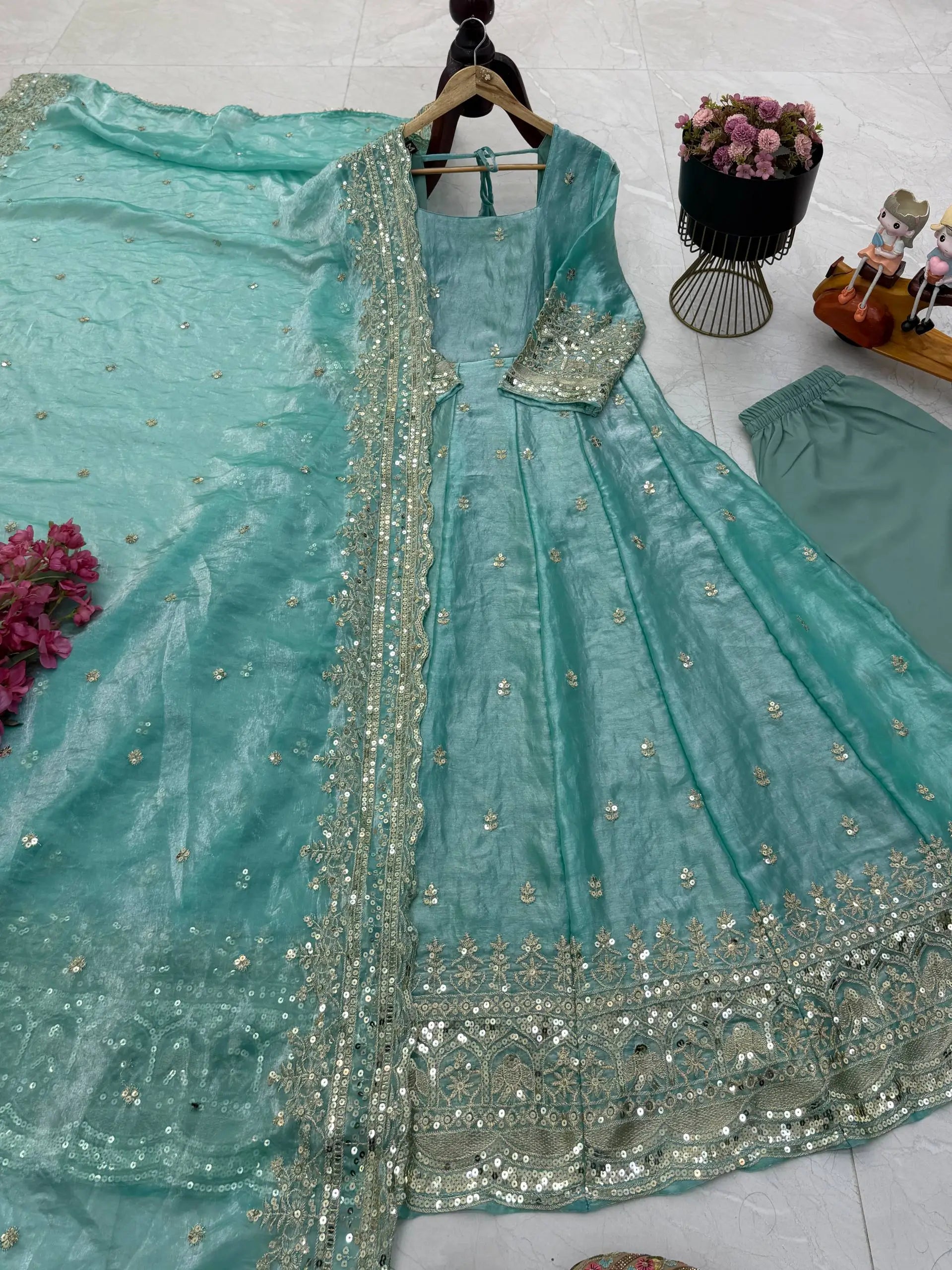 Sequin Booti Ready To Wear Silk Anarkali Gown Set