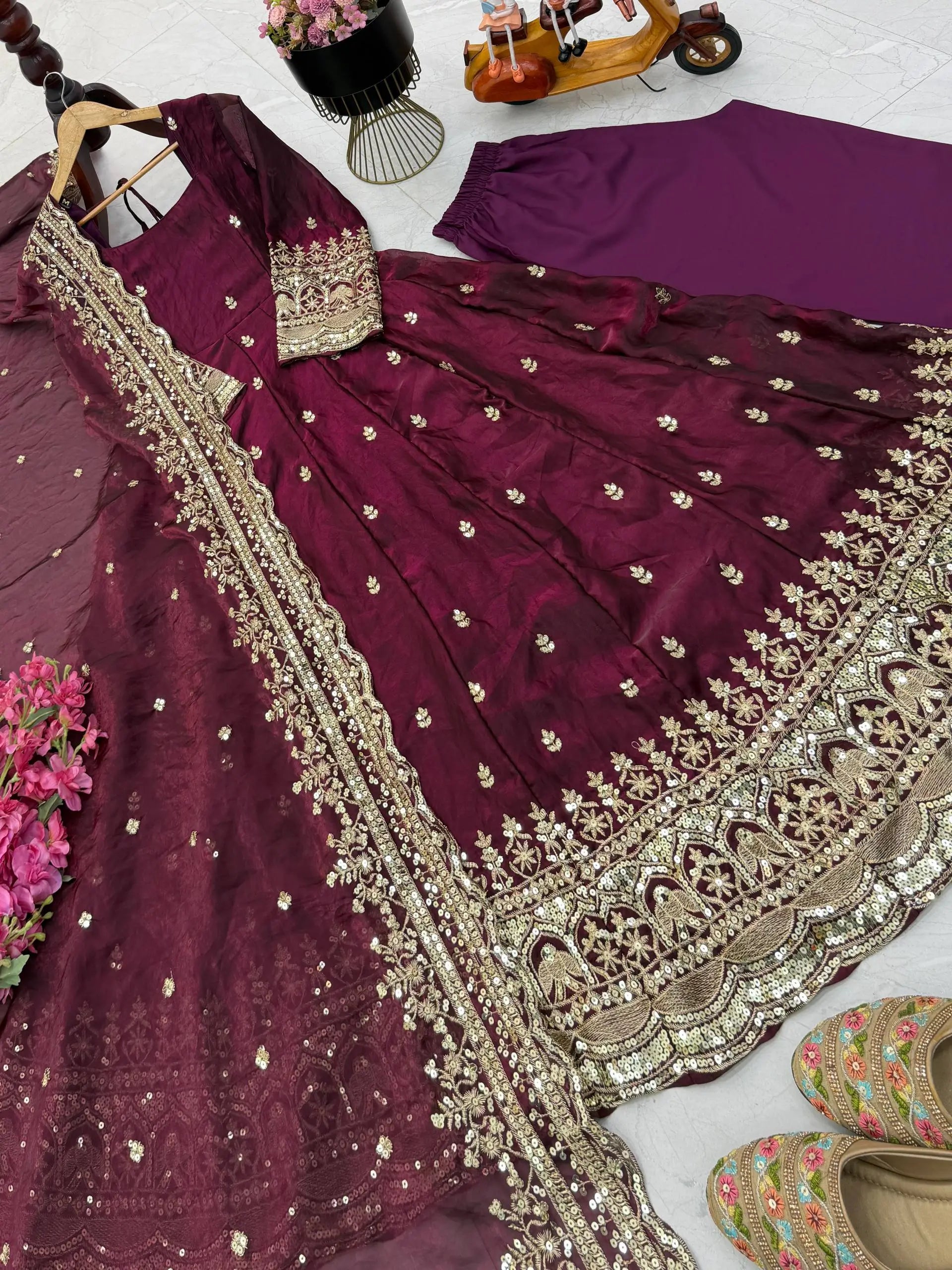 Sequin Booti Ready To Wear Silk Anarkali Gown Set