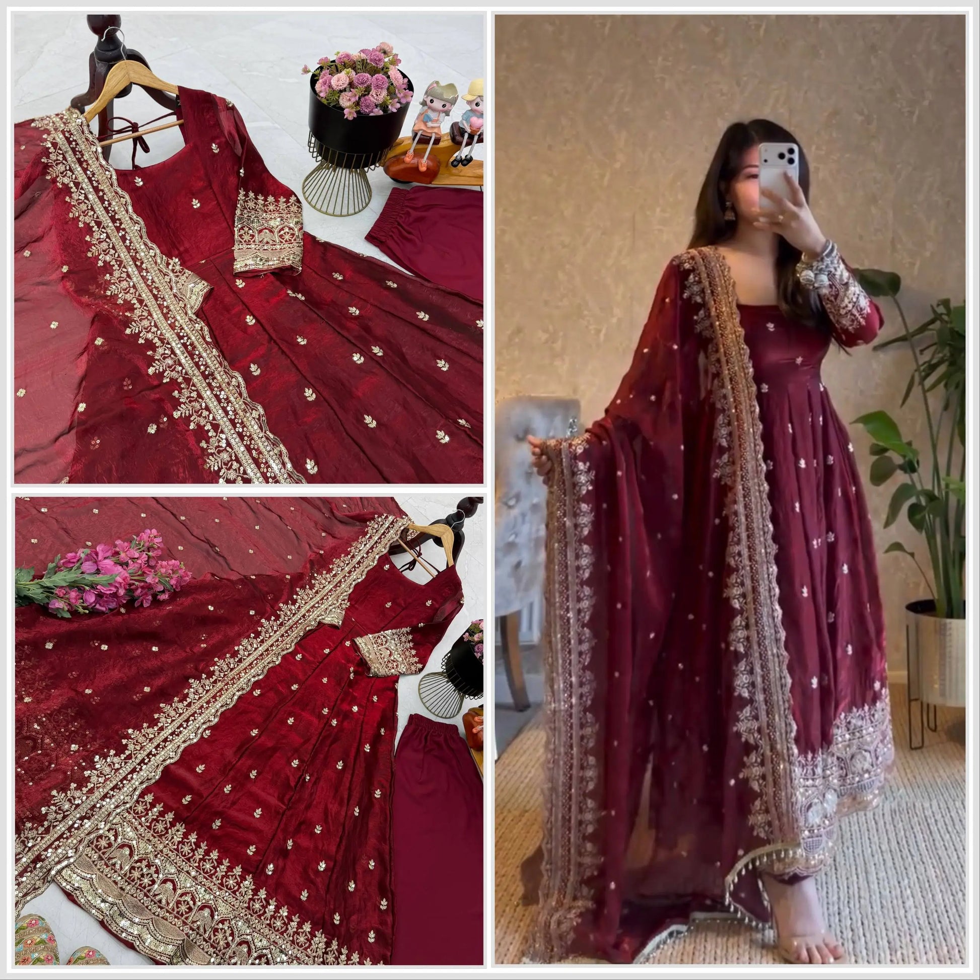 Sequin Booti Ready To Wear Silk Anarkali Gown Set