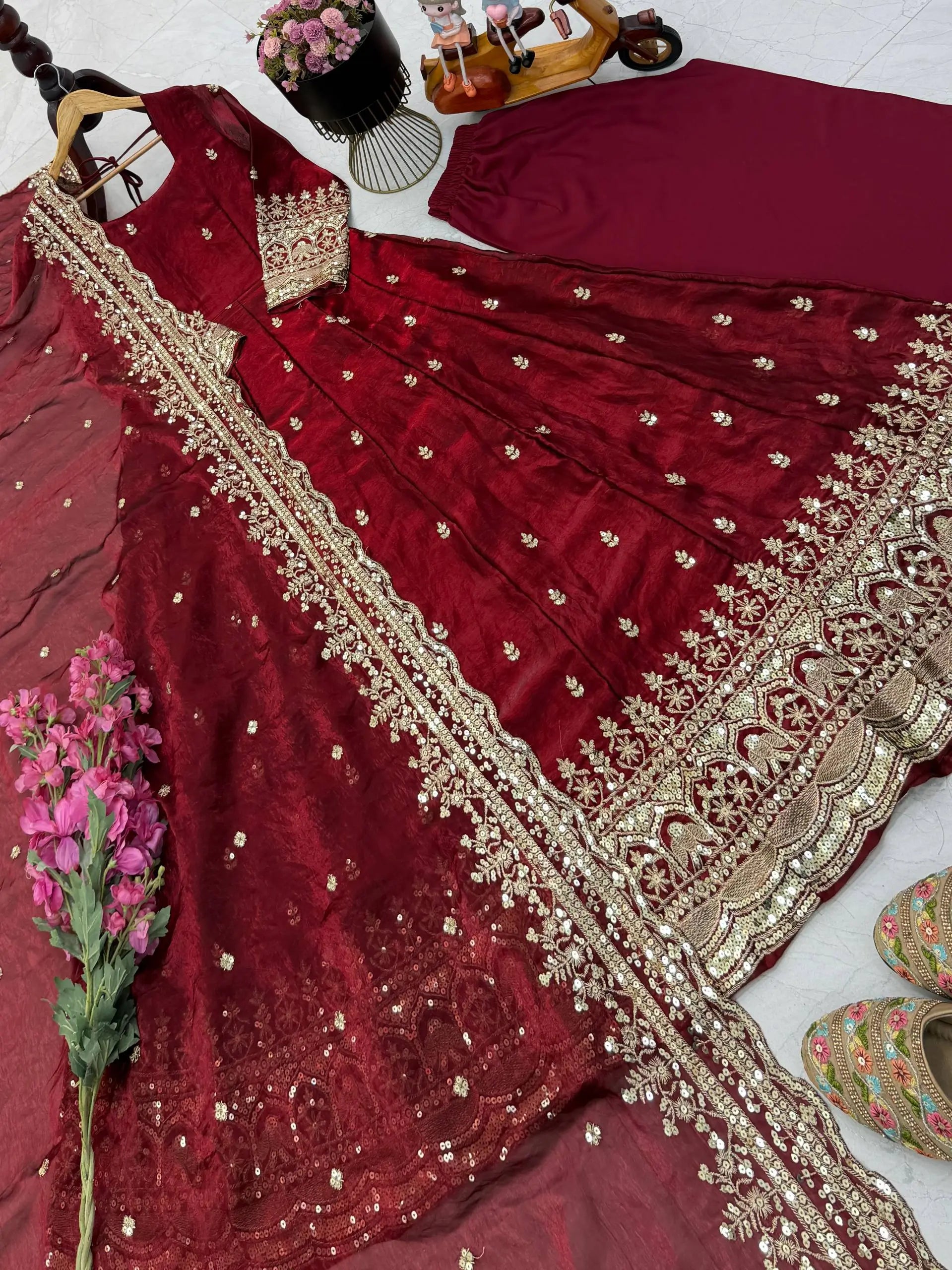 Sequin Booti Ready To Wear Silk Anarkali Gown Set