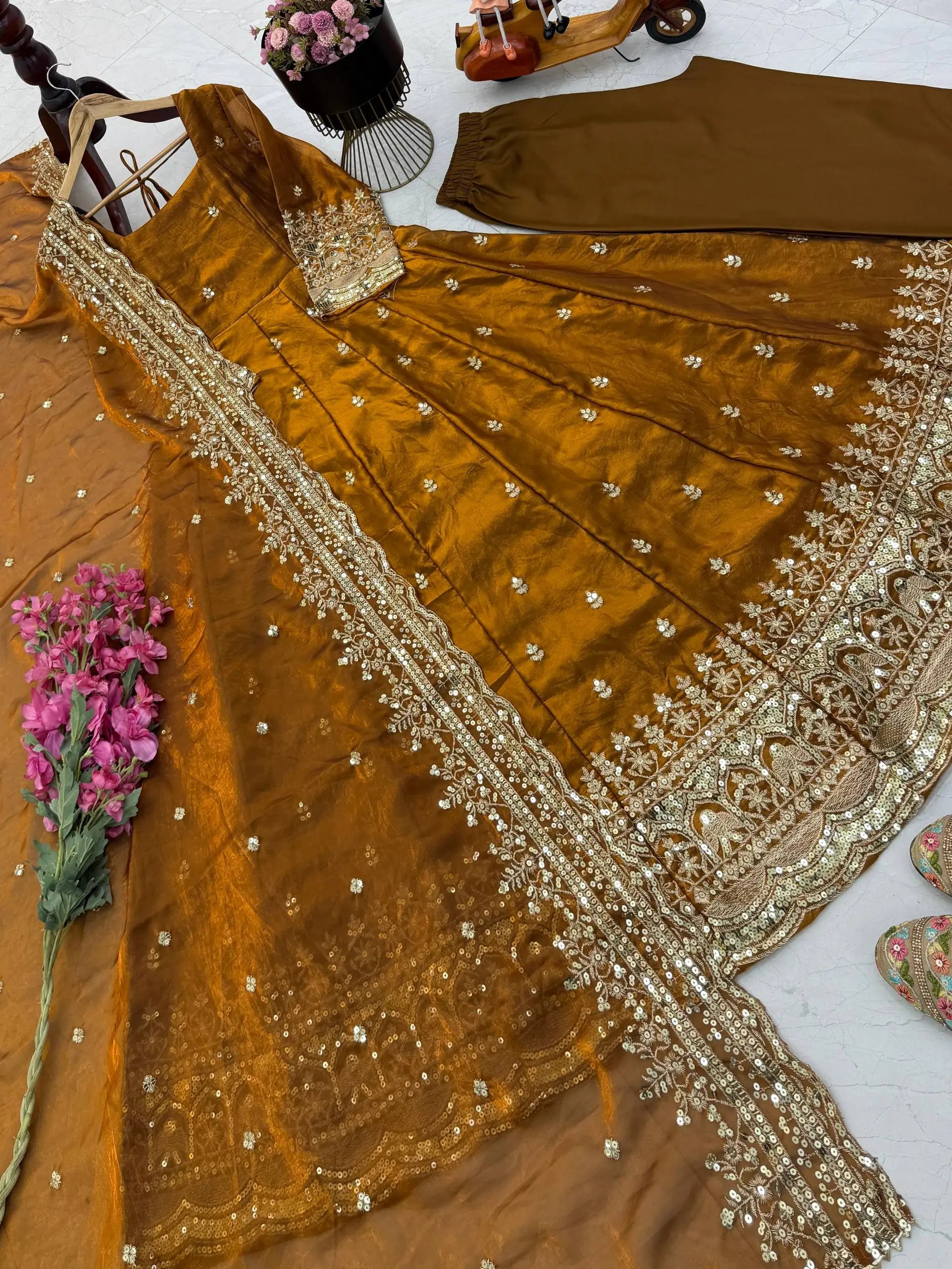 Sequin Booti Ready To Wear Silk Anarkali Gown Set