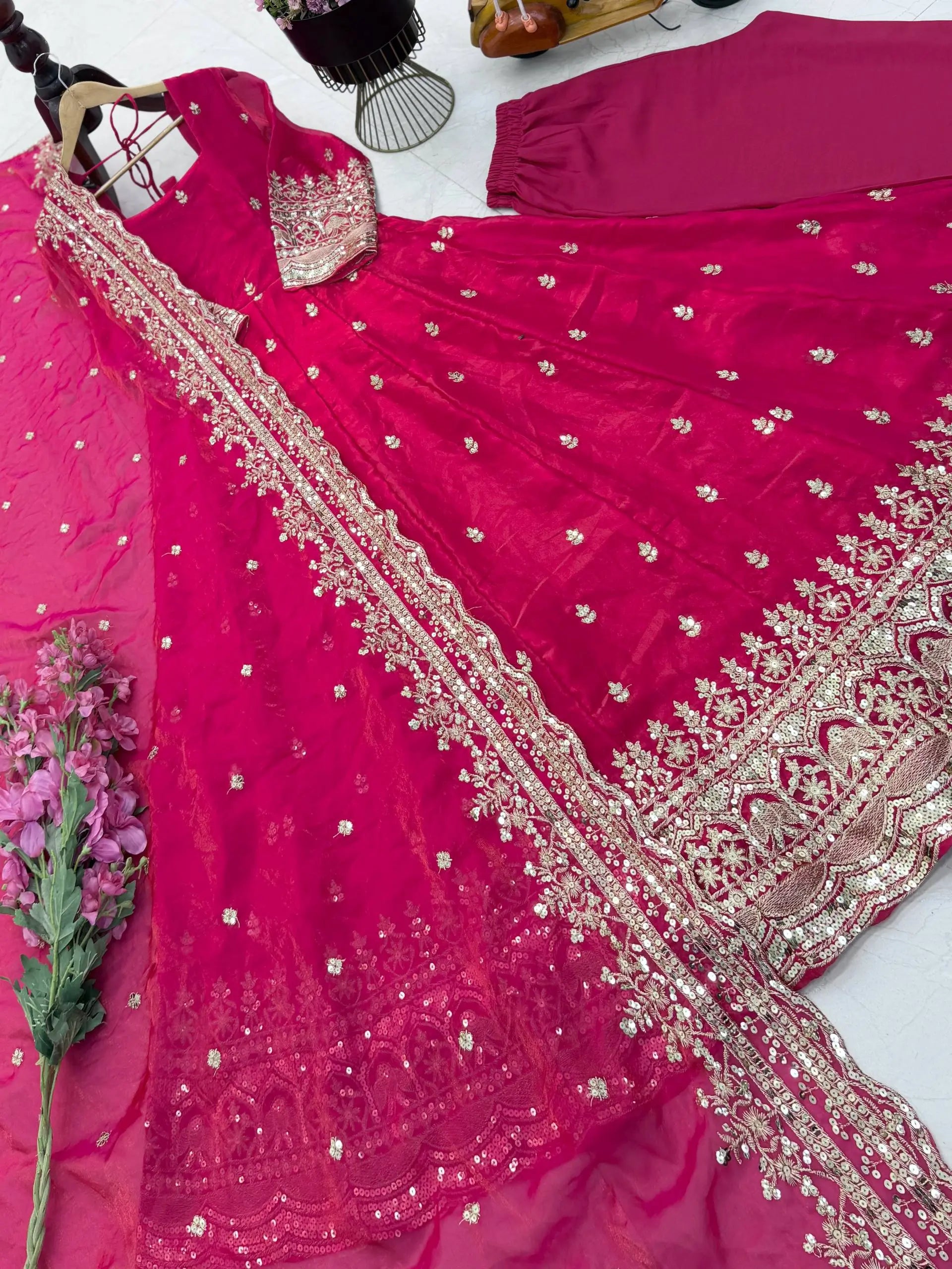 Sequin Booti Ready To Wear Silk Anarkali Gown Set