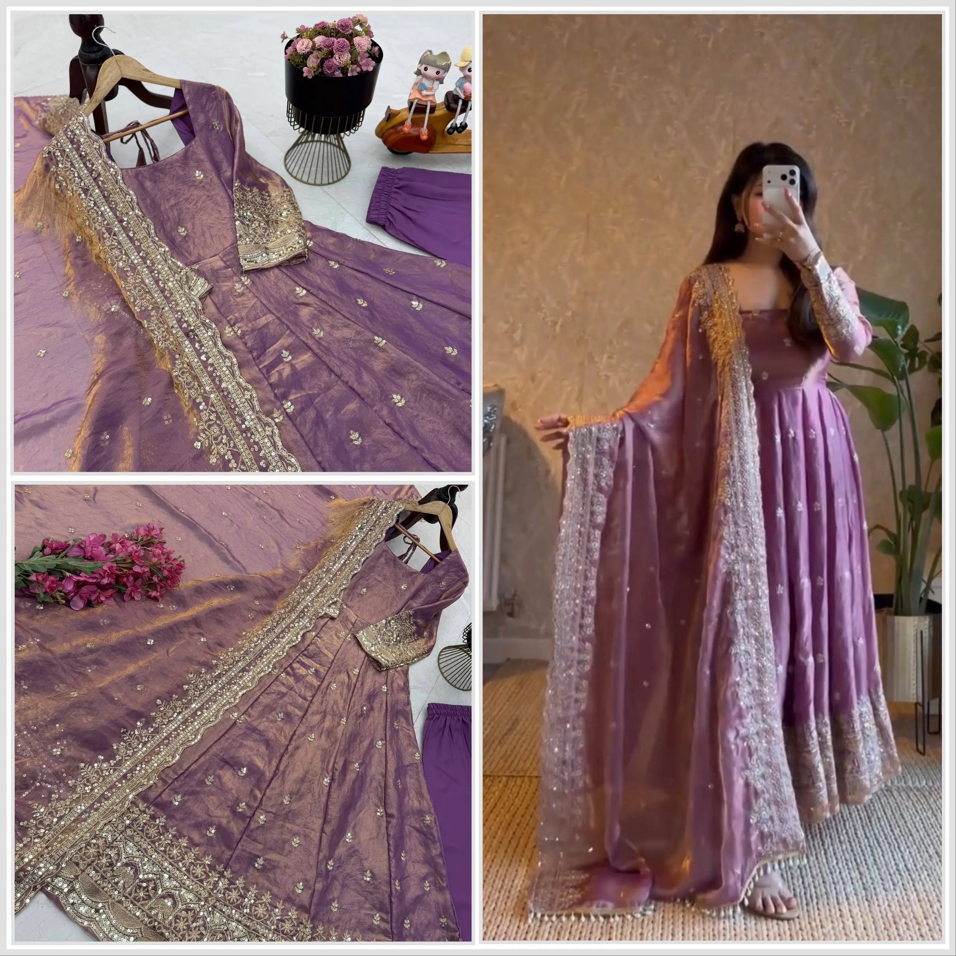 Sequin Booti Ready To Wear Silk Anarkali Gown Set
