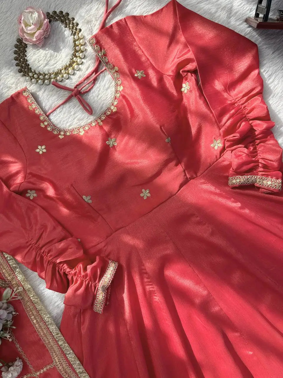 Sequin Border Designer Flared Anarkali Suit in silk fabric