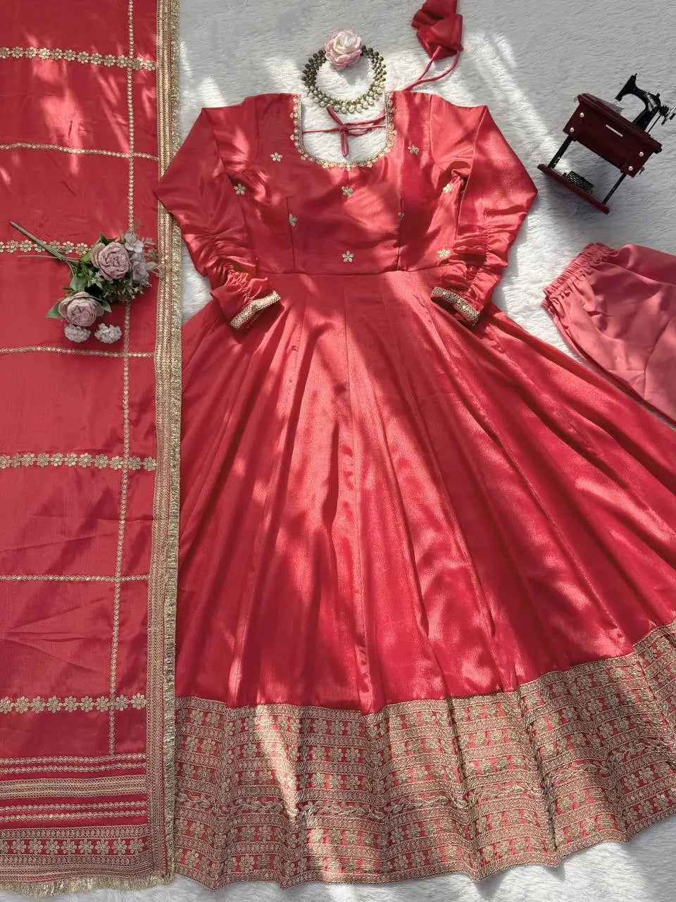 Sequin Border Designer Flared Anarkali Suit in silk fabric