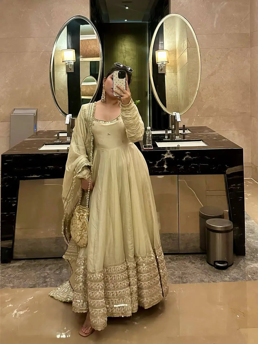 Sequin Border Designer Flared Anarkali Suit in silk fabric