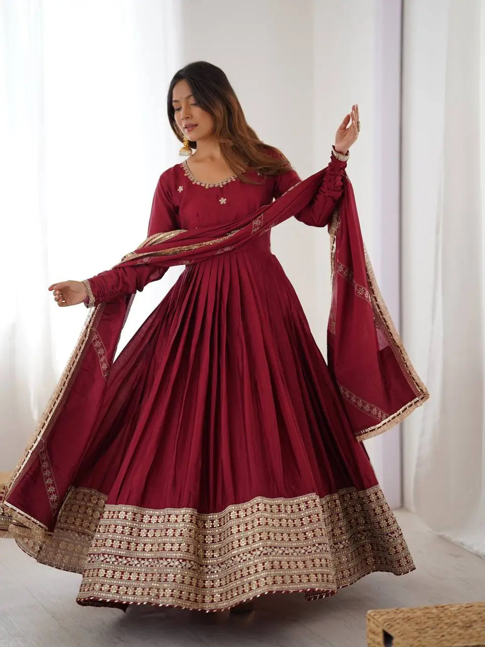 Sequin Border Designer Flared Anarkali Suit in silk fabric