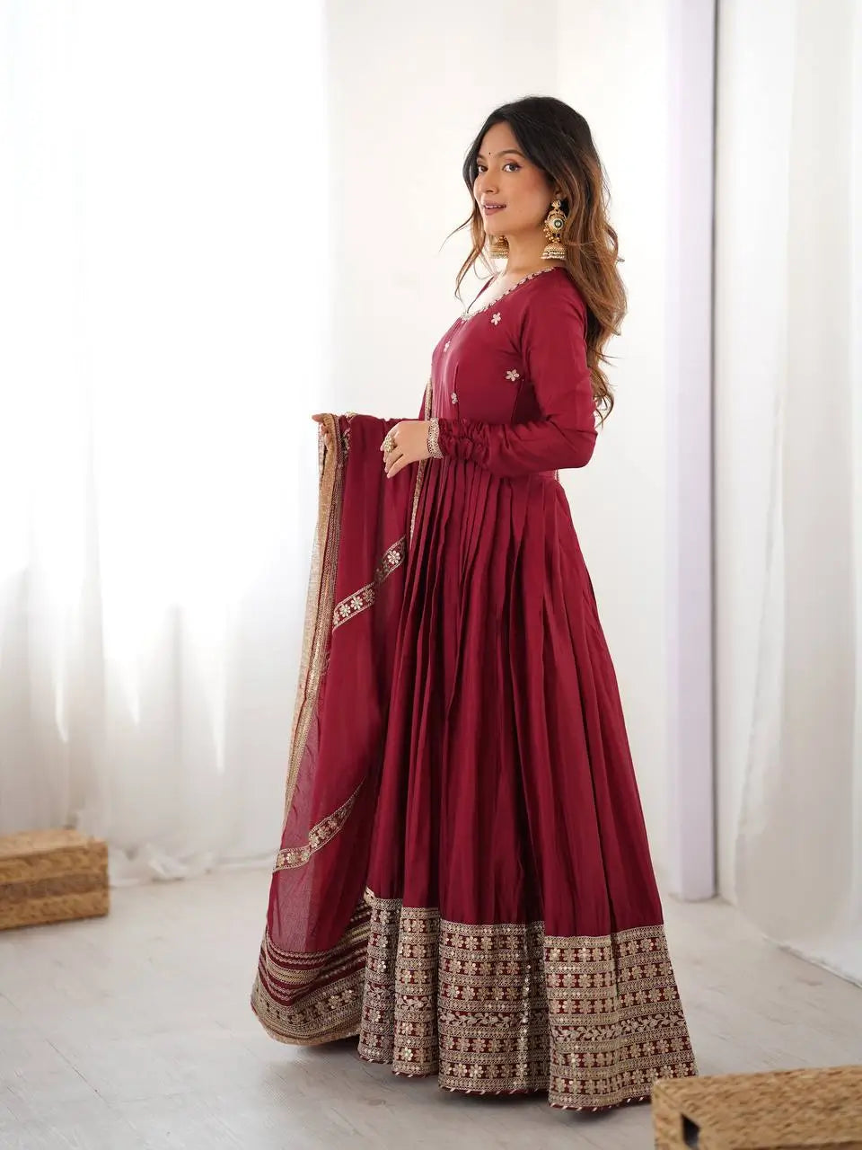 Sequin Border Designer Flared Anarkali Suit in silk fabric