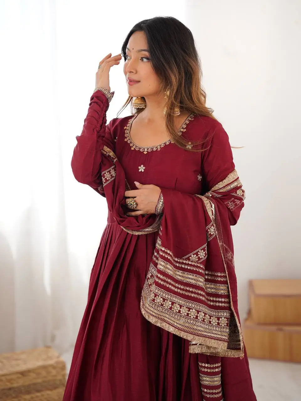 Sequin Border Designer Flared Anarkali Suit in silk fabric