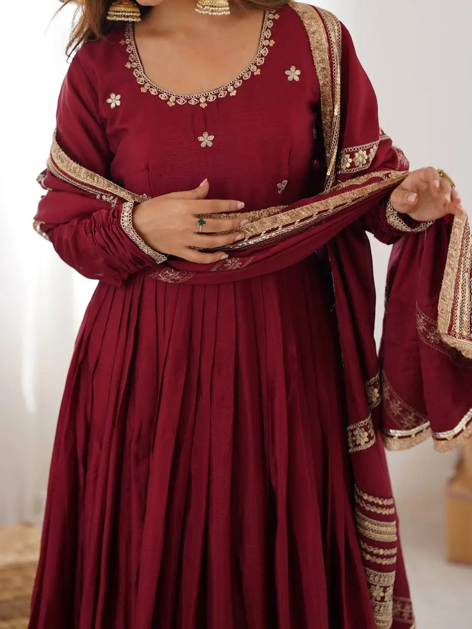 Sequin Border Designer Flared Anarkali Suit in silk fabric