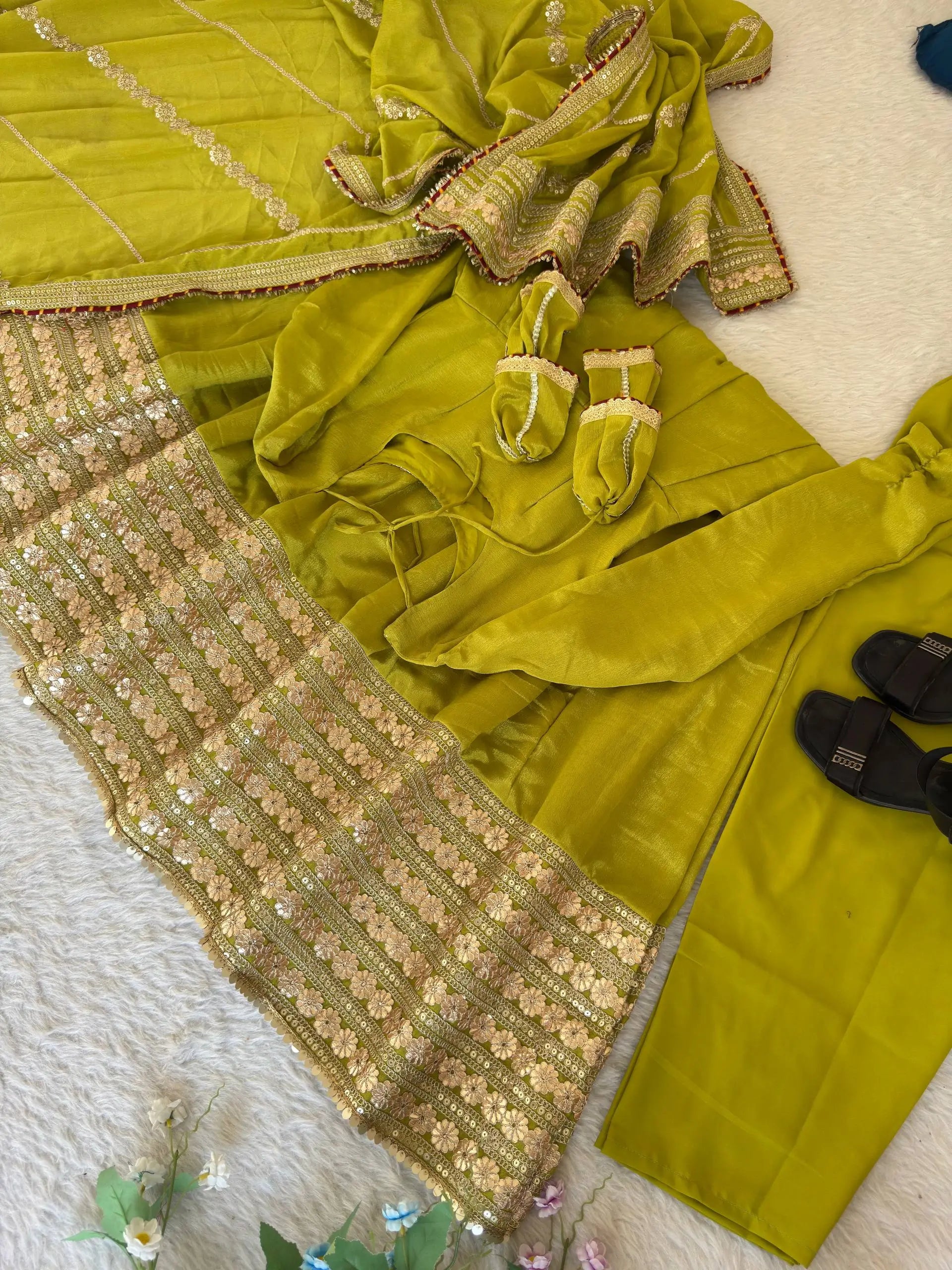 Sequin Border Designer Flared Anarkali Suit in silk fabric