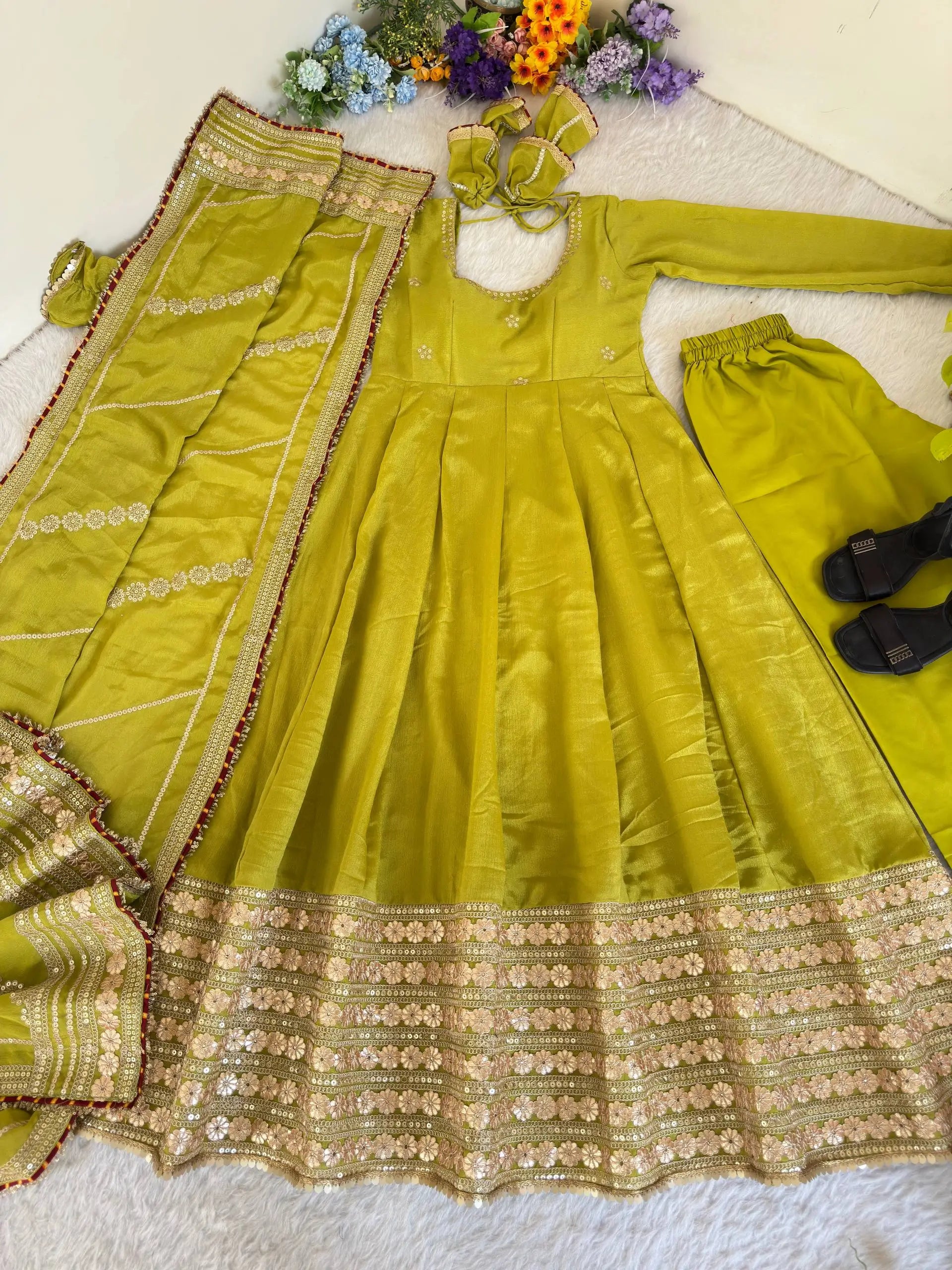 Sequin Border Designer Flared Anarkali Suit in silk fabric