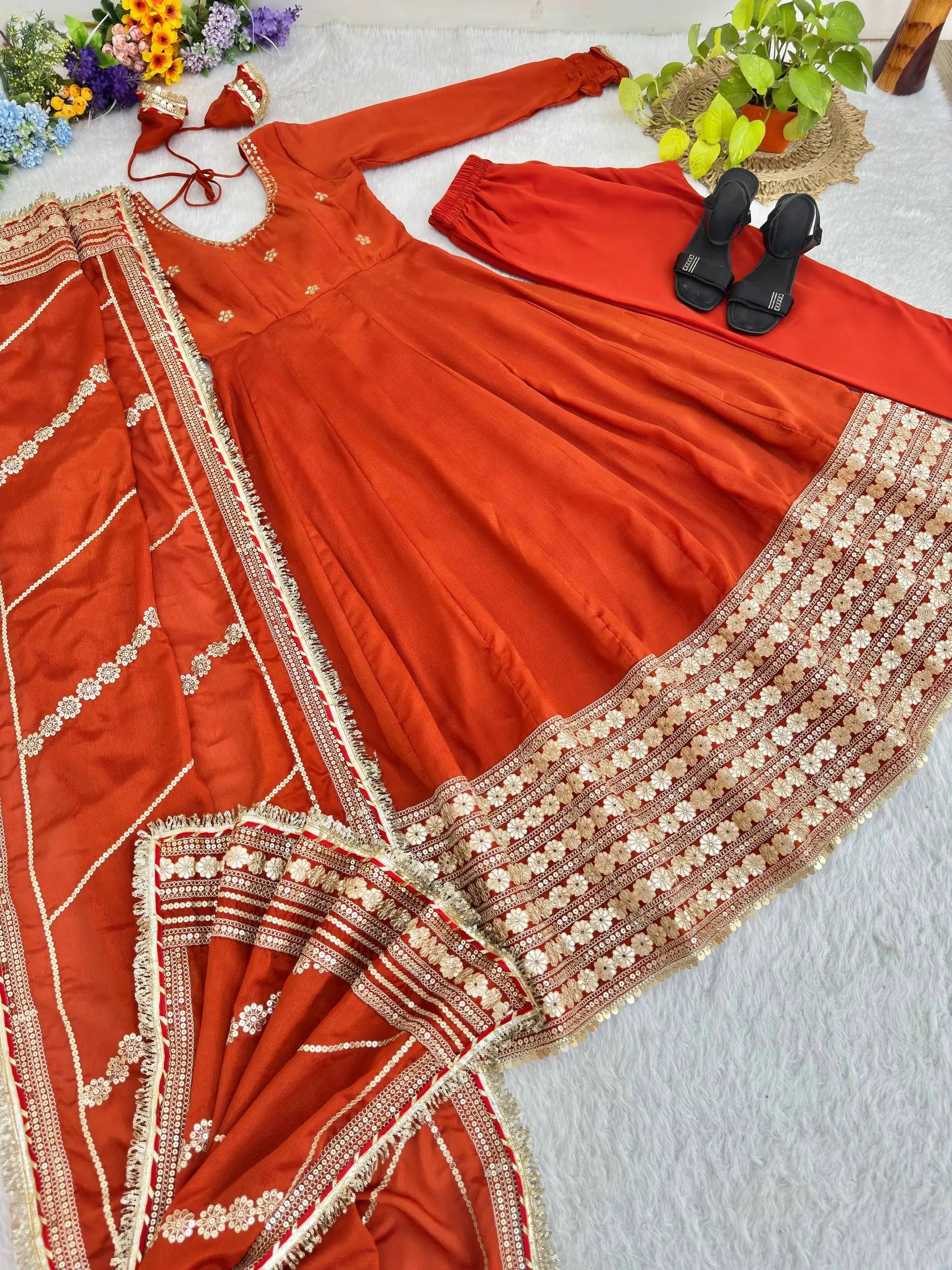 Sequin Border Designer Flared Anarkali Suit in silk fabric