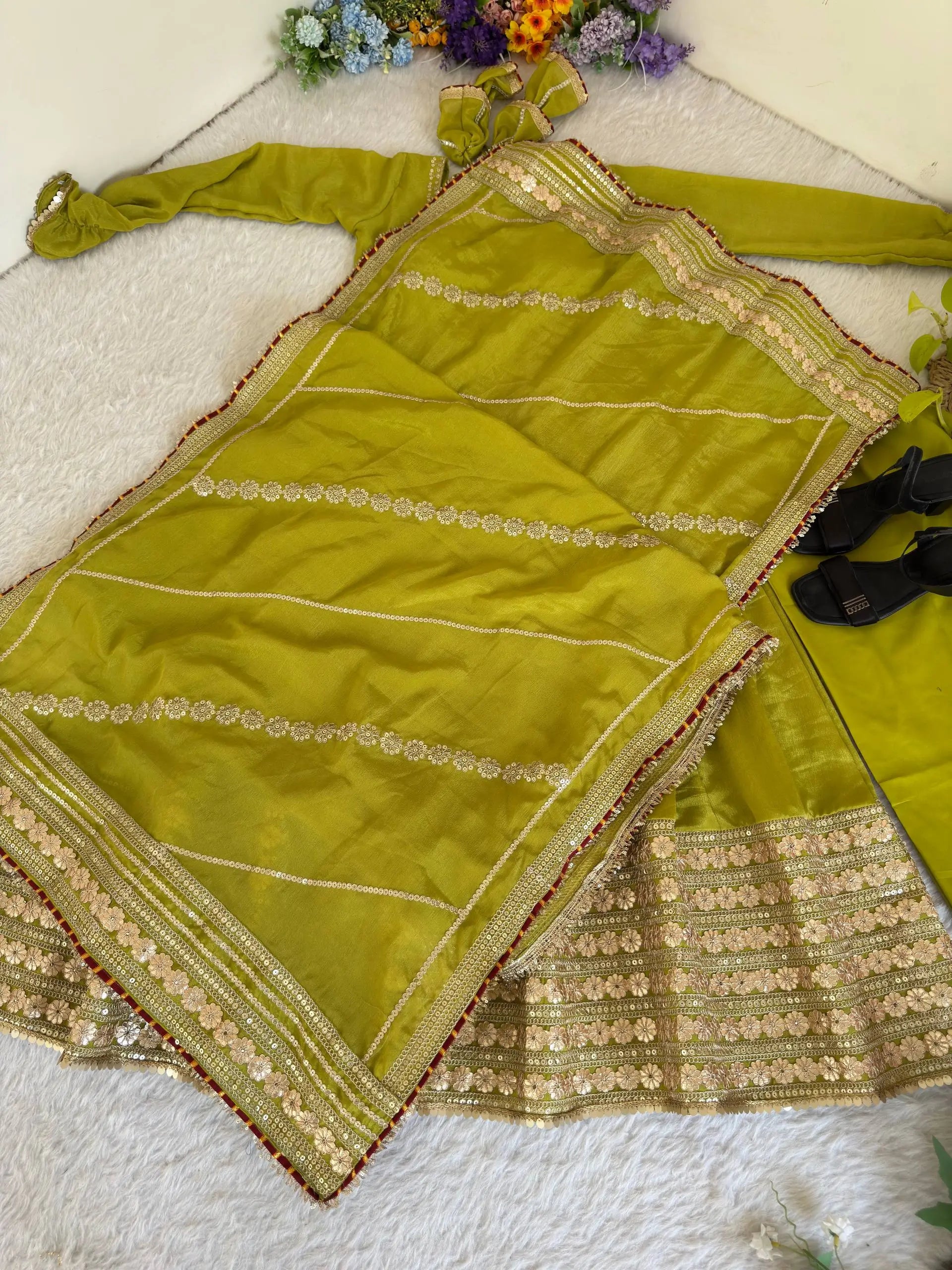 Sequin Border Designer Flared Anarkali Suit in silk fabric
