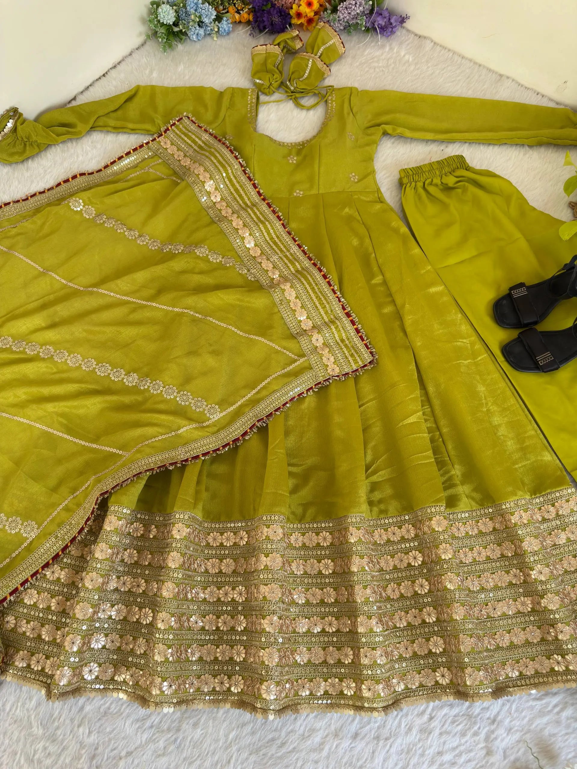 Sequin Border Designer Flared Anarkali Suit in silk fabric